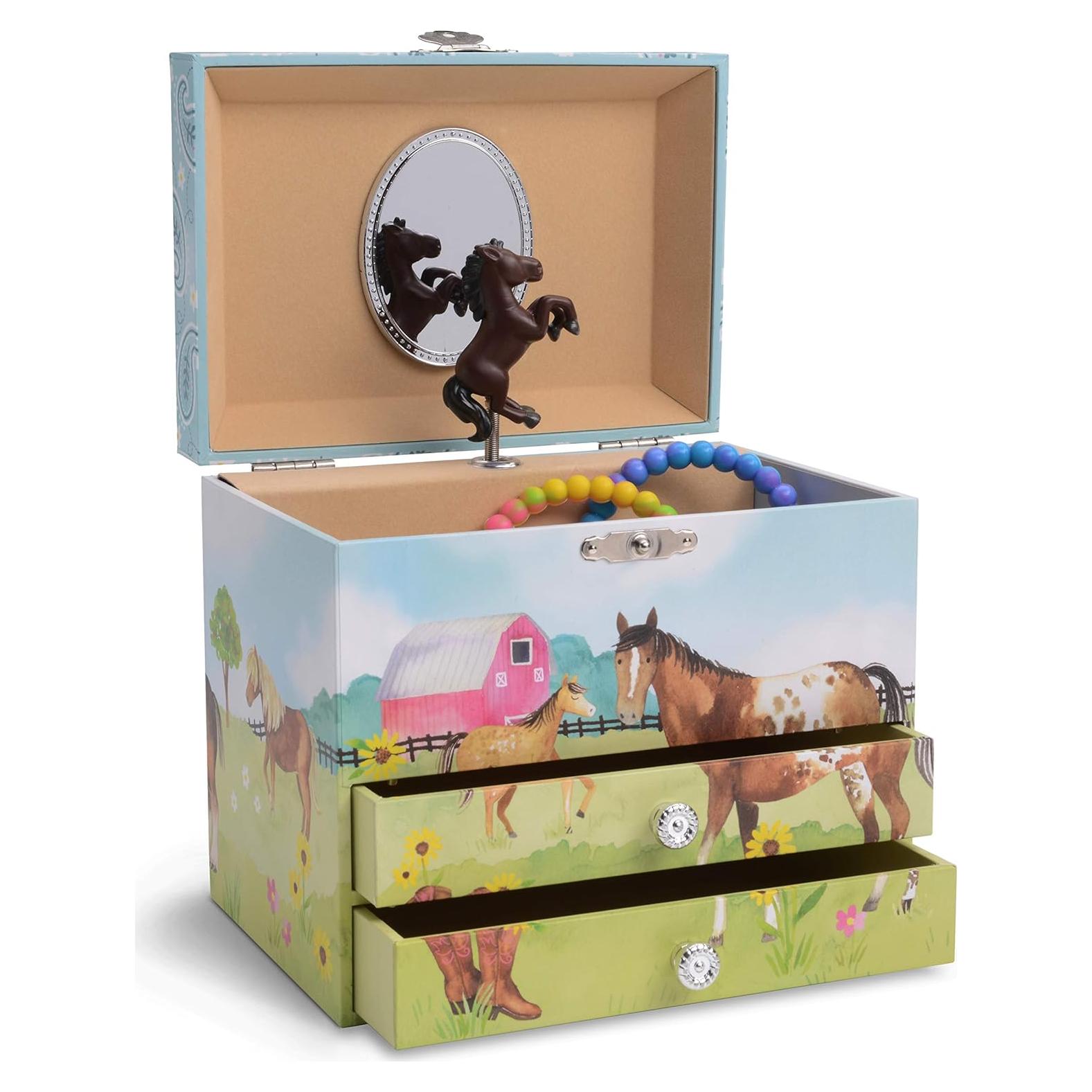 Caja de Joyería Musical Jewelkeeper Caballo 2 Cajones Verde