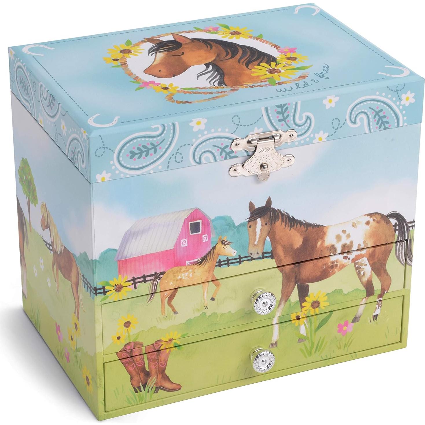 Caja de Joyería Musical Jewelkeeper Caballo 2 Cajones Verde