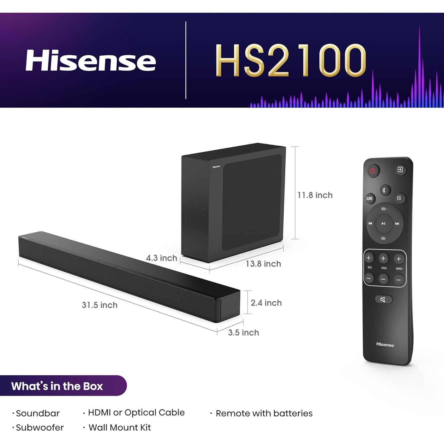 Barra de Sonido Hisense HS2100 2.1 Ch 240W Subwoofer Inalámbrico