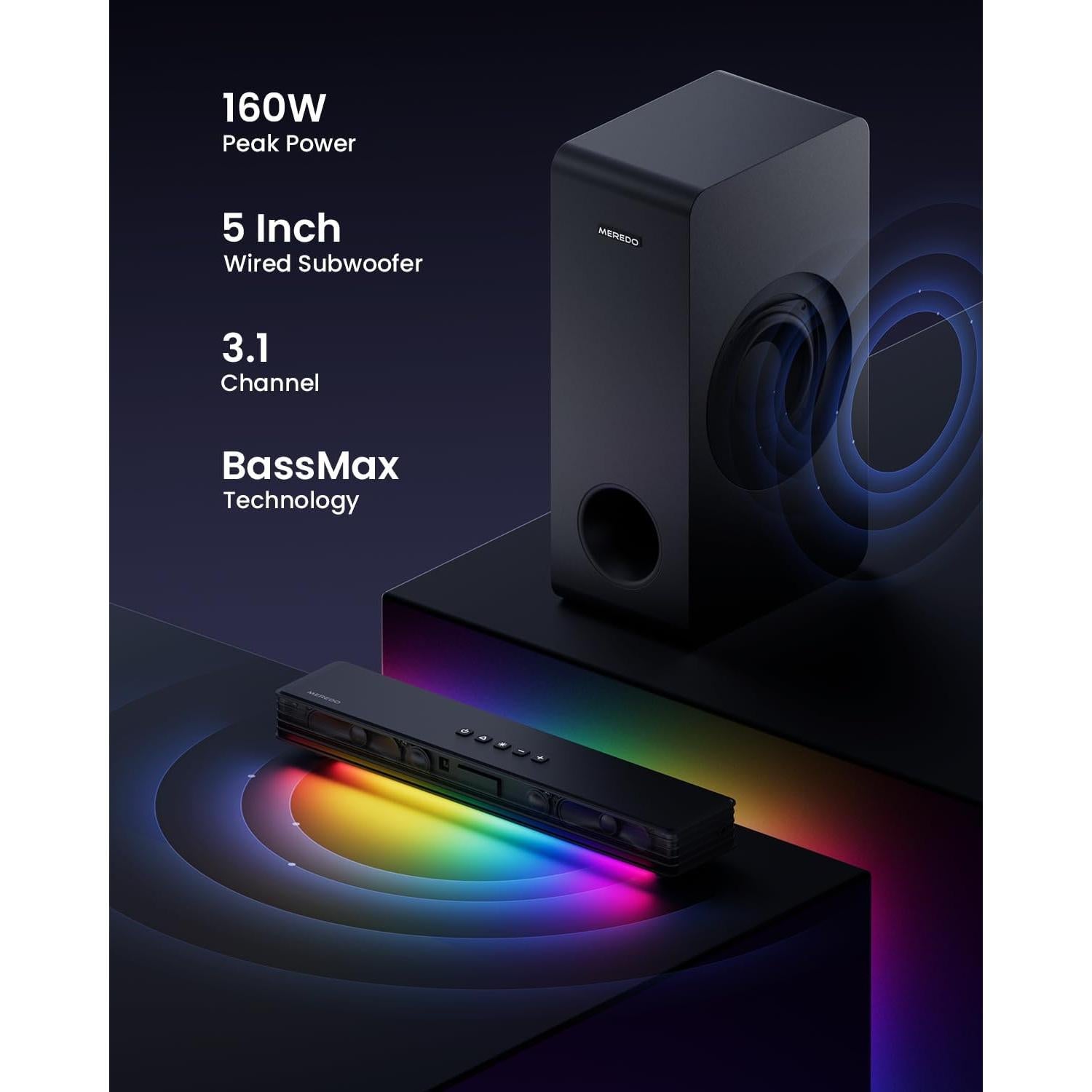 Barra de Sonido MEREDO G38 3.1CH con Subwoofer RGB