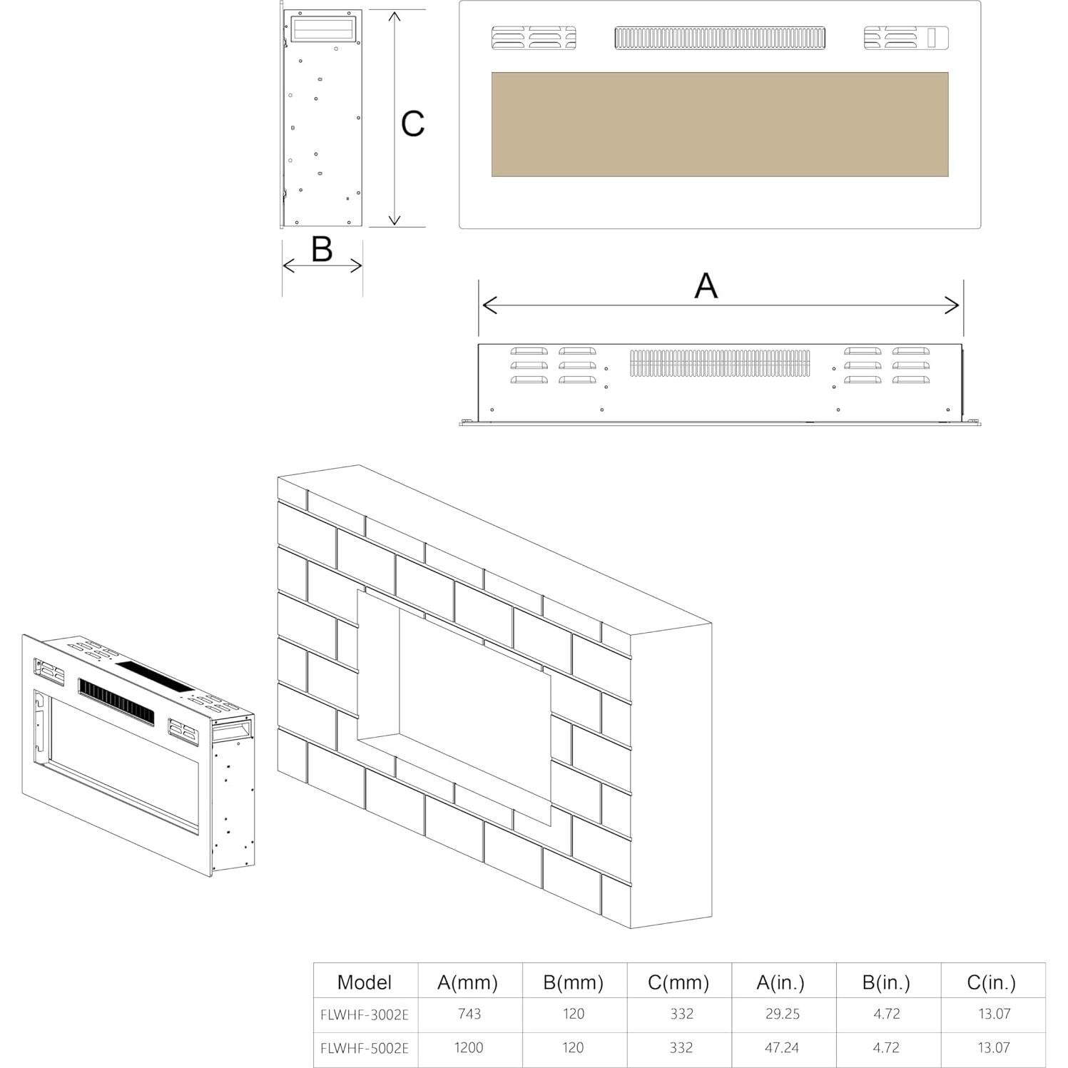 Chimenea Eléctrica FULEIWO RFH-3001L 76.2x43.9cm Montada en Pared
