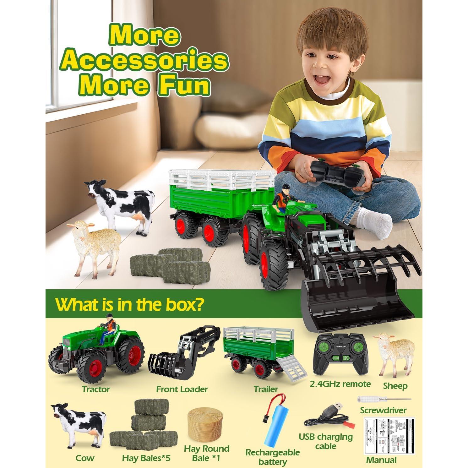 Tractor RC Gohero Verde con Animales y Cargador Frontal