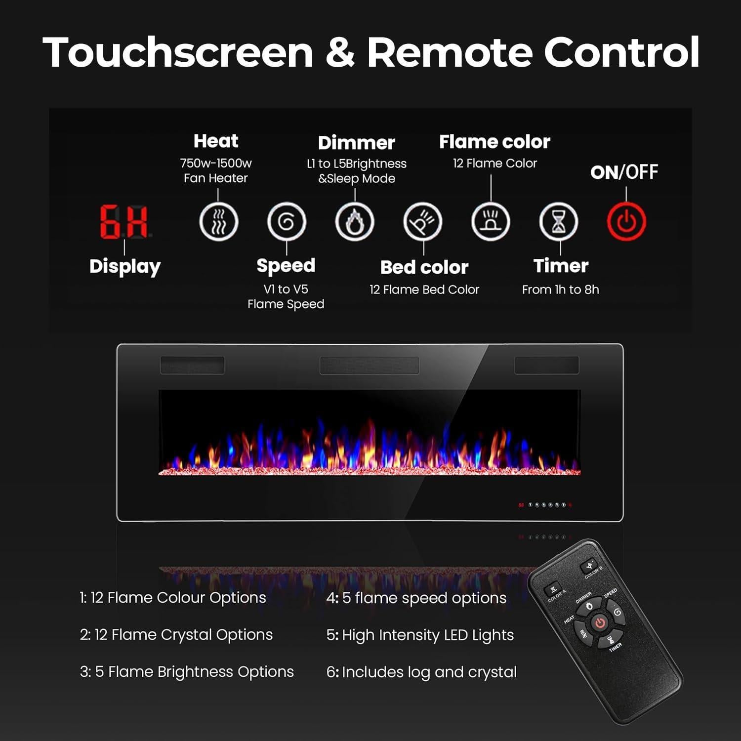 Chimenea Eléctrica Crzoe 91.4 cm con Control Remoto y Temporizador