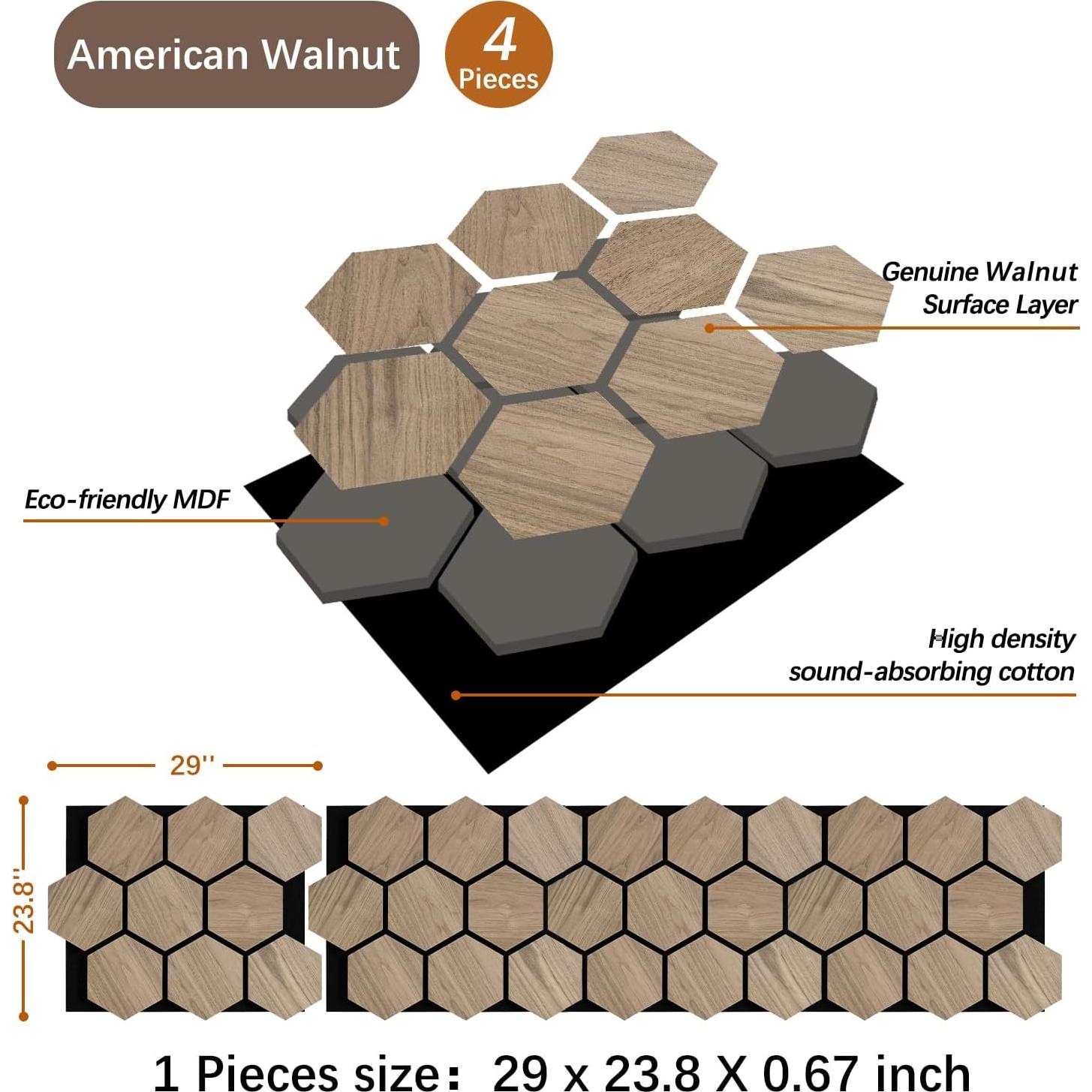 Paneles Acústicos Hexagonales ARMURO 4 Pcs 60.4x73.7 cm Nogal