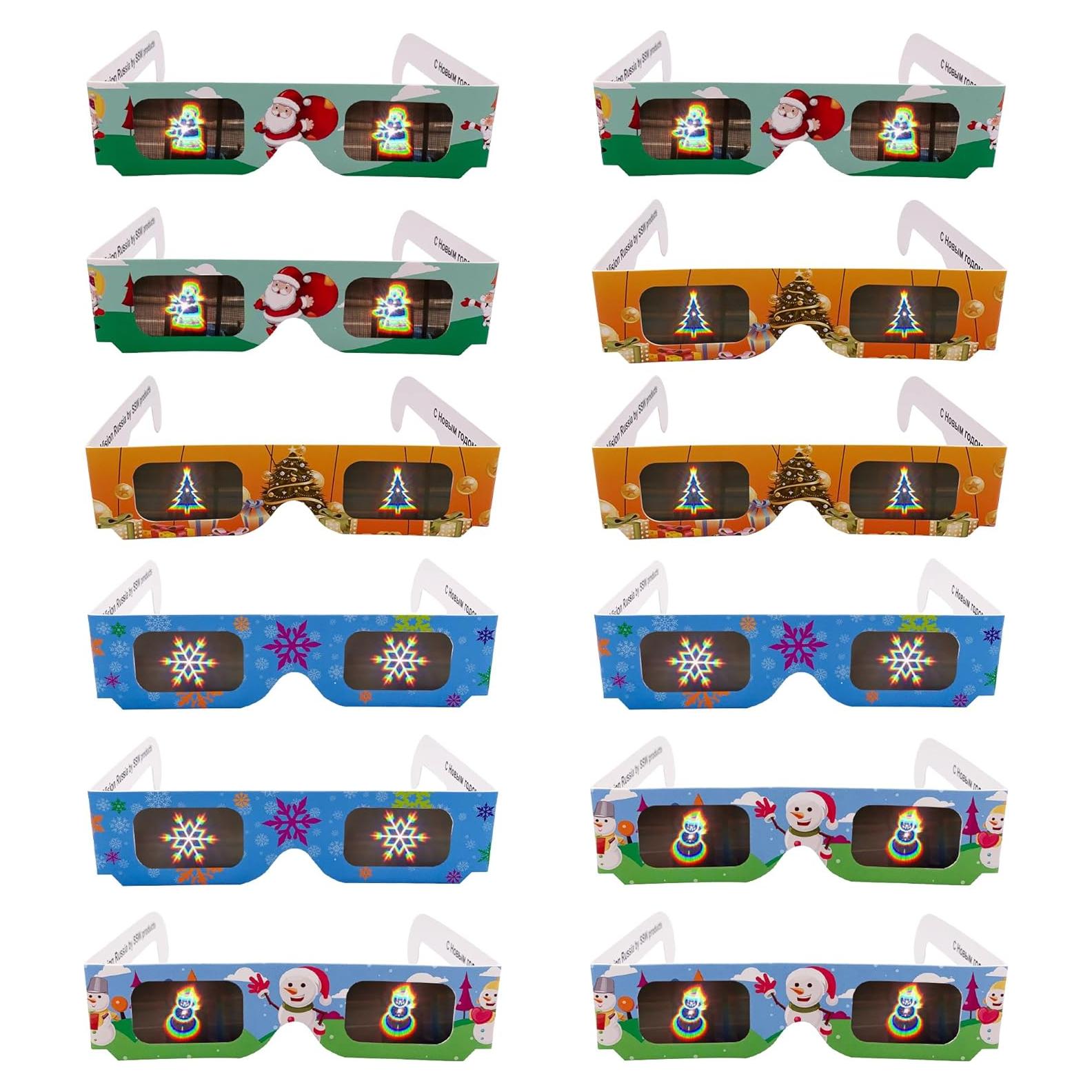 12 Gafas 3D Navideñas Holográficas - Copos de Nieve y Santa