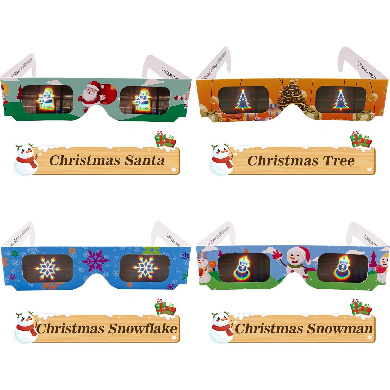 12 Gafas 3D Navideñas Holográficas - Copos de Nieve y Santa