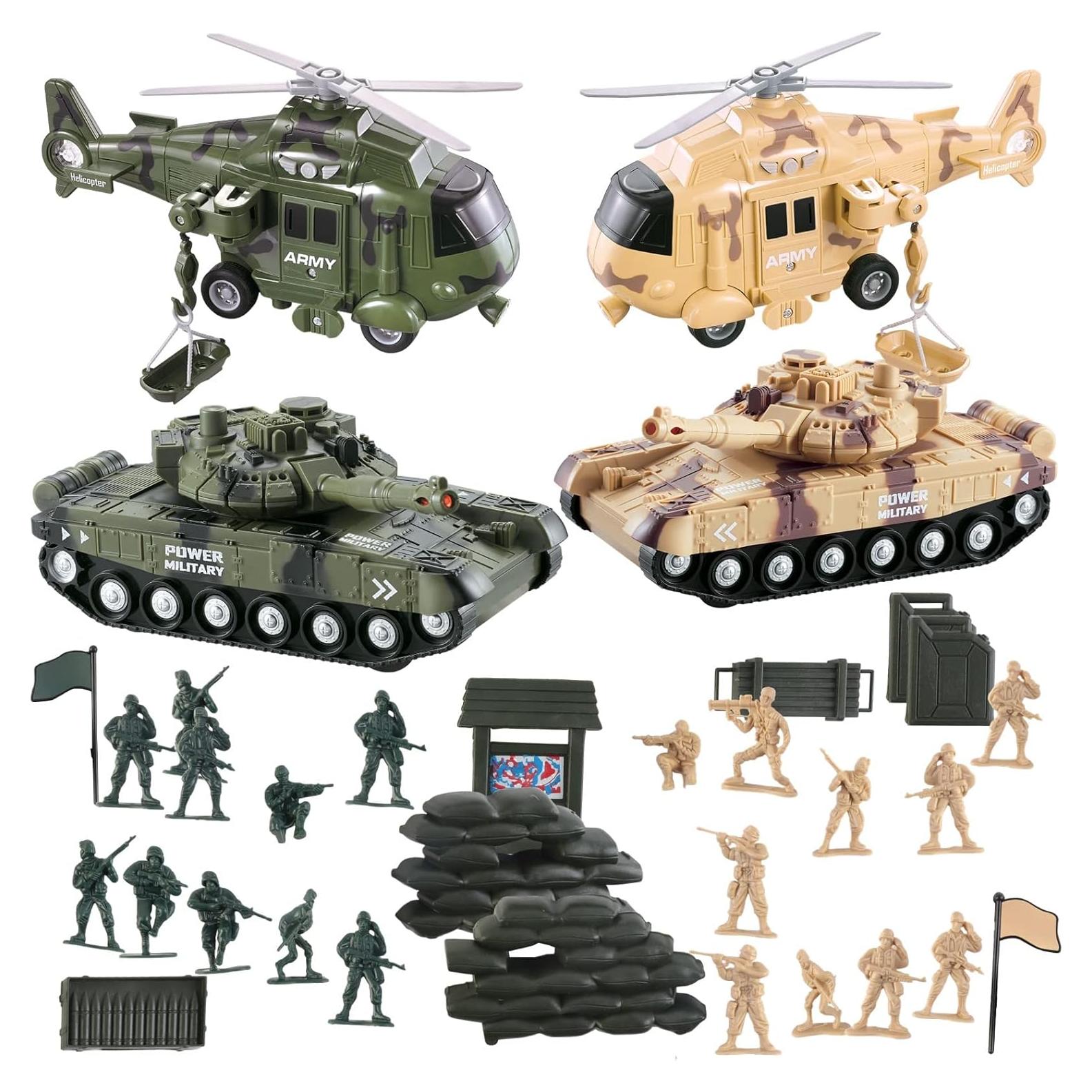 Vokodo 5 Pack Armed Forces Vehicle Bundle Toy Playsets, Friction Power Vehicles Includes Helicopter, Tank and Army Figurines, Military Car, Truck Pretend Play Toys Toddler Kids Boys