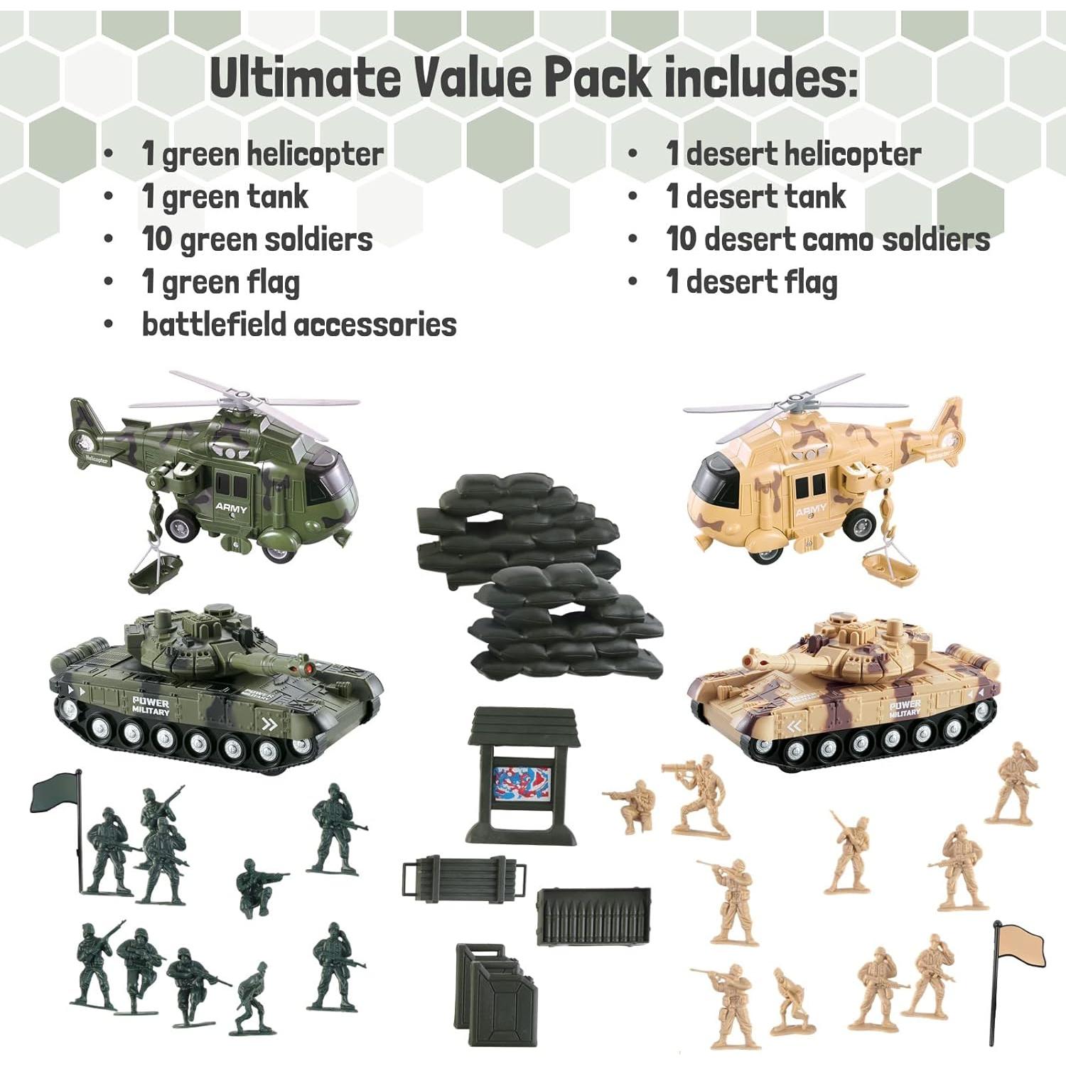 Vokodo 5 Pack Armed Forces Vehicle Bundle Toy Playsets, Friction Power Vehicles Includes Helicopter, Tank and Army Figurines, Military Car, Truck Pretend Play Toys Toddler Kids Boys