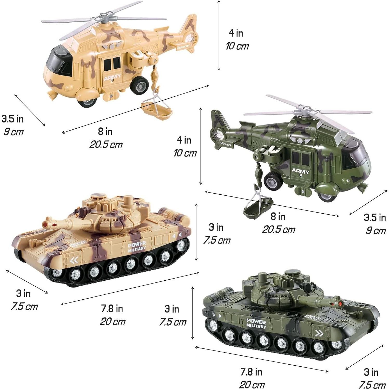 Vokodo 5 Pack Armed Forces Vehicle Bundle Toy Playsets, Friction Power Vehicles Includes Helicopter, Tank and Army Figurines, Military Car, Truck Pretend Play Toys Toddler Kids Boys
