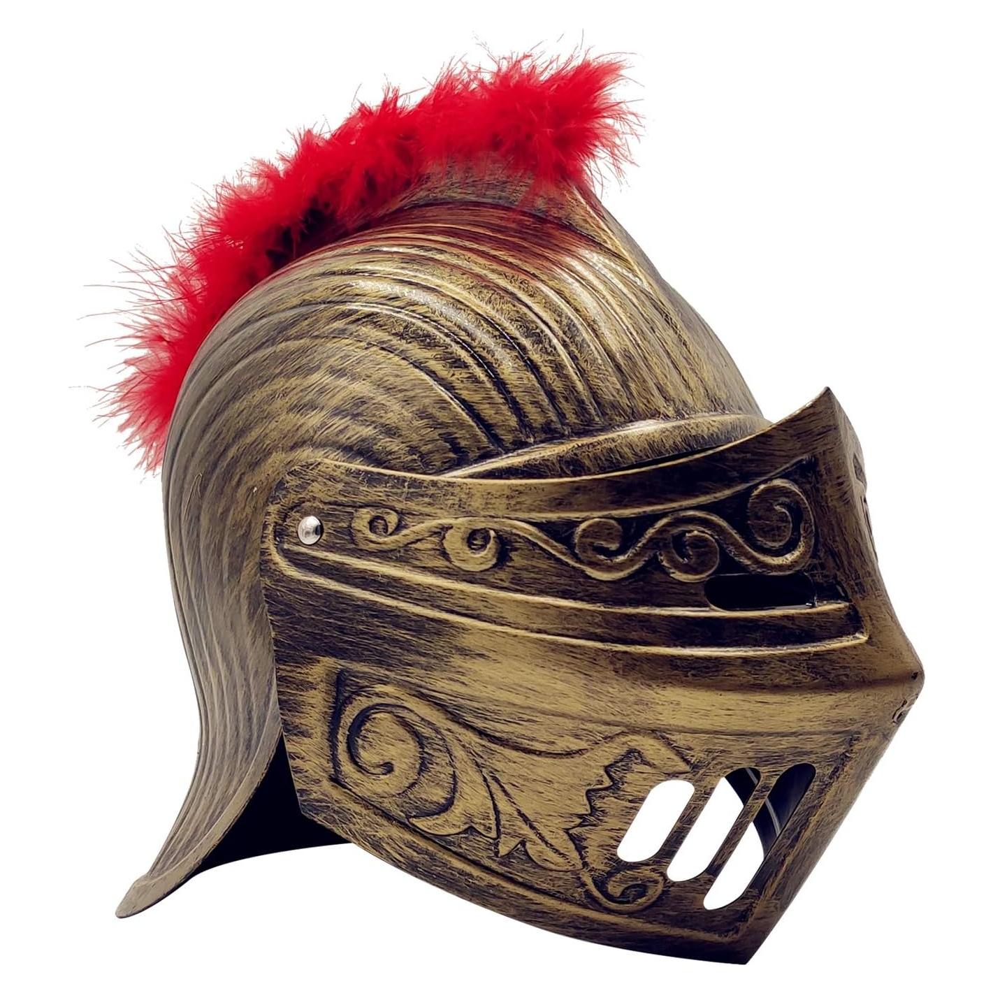 Casco Medieval Guerrero LOOYAR con Pluma Roja y Máscara Plegable