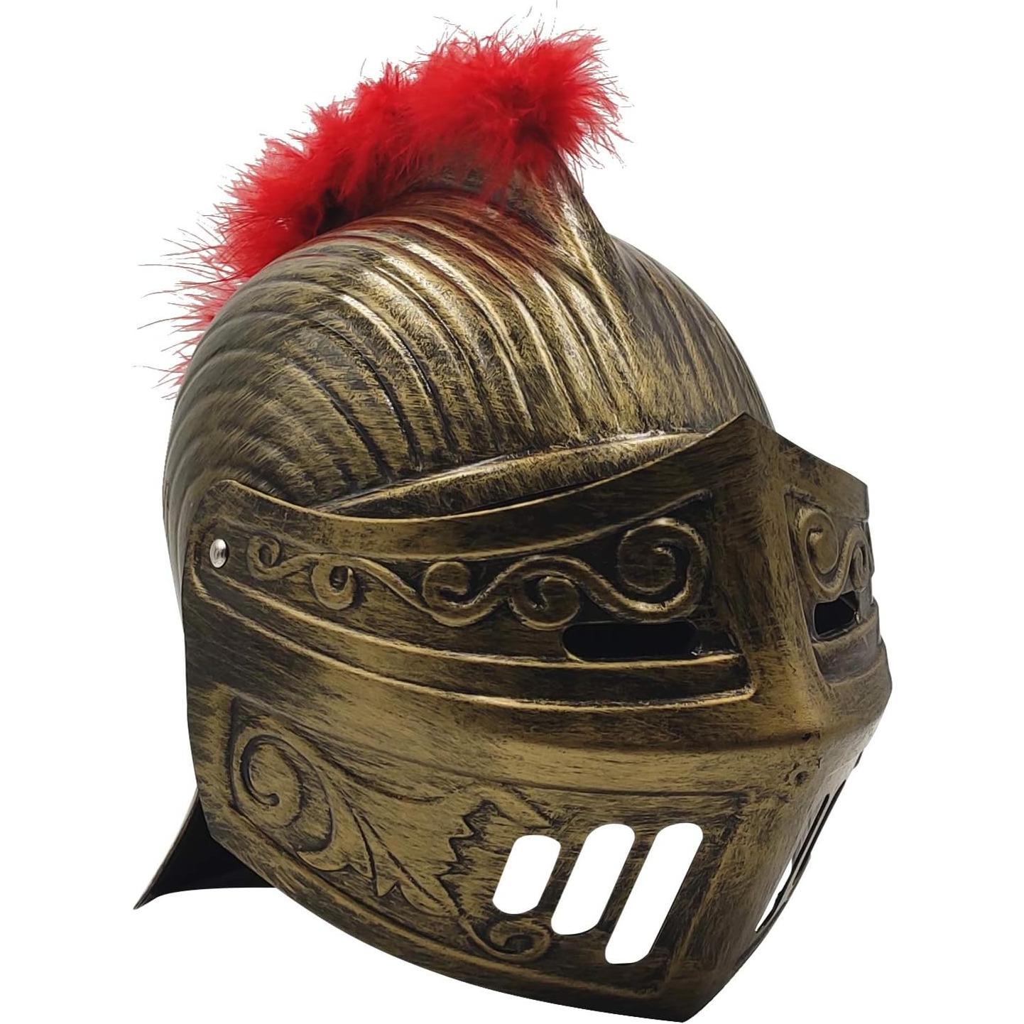 Casco Medieval Guerrero LOOYAR con Pluma Roja y Máscara Plegable