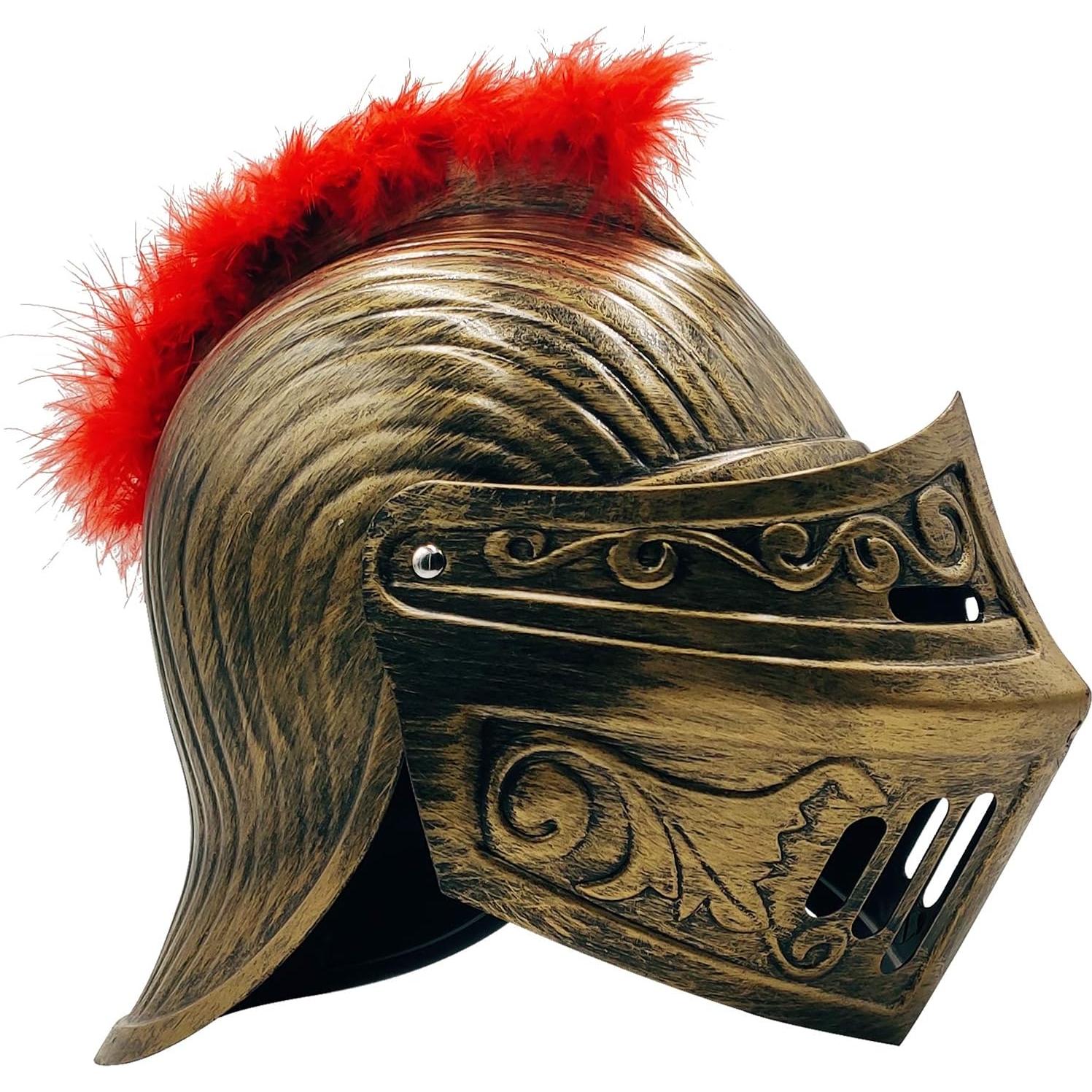 Casco Medieval Guerrero LOOYAR con Pluma Roja y Máscara Plegable