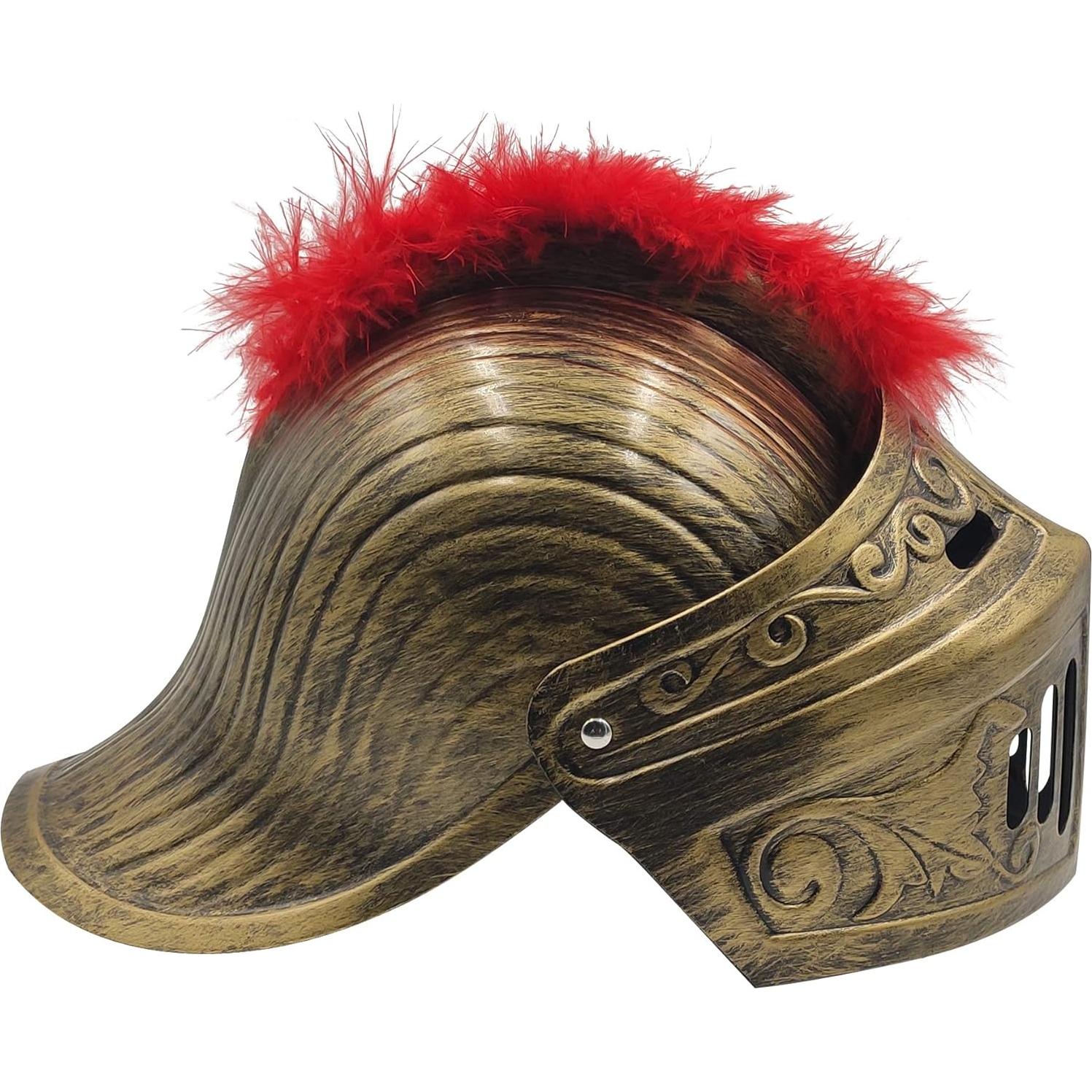 Casco Medieval Guerrero LOOYAR con Pluma Roja y Máscara Plegable