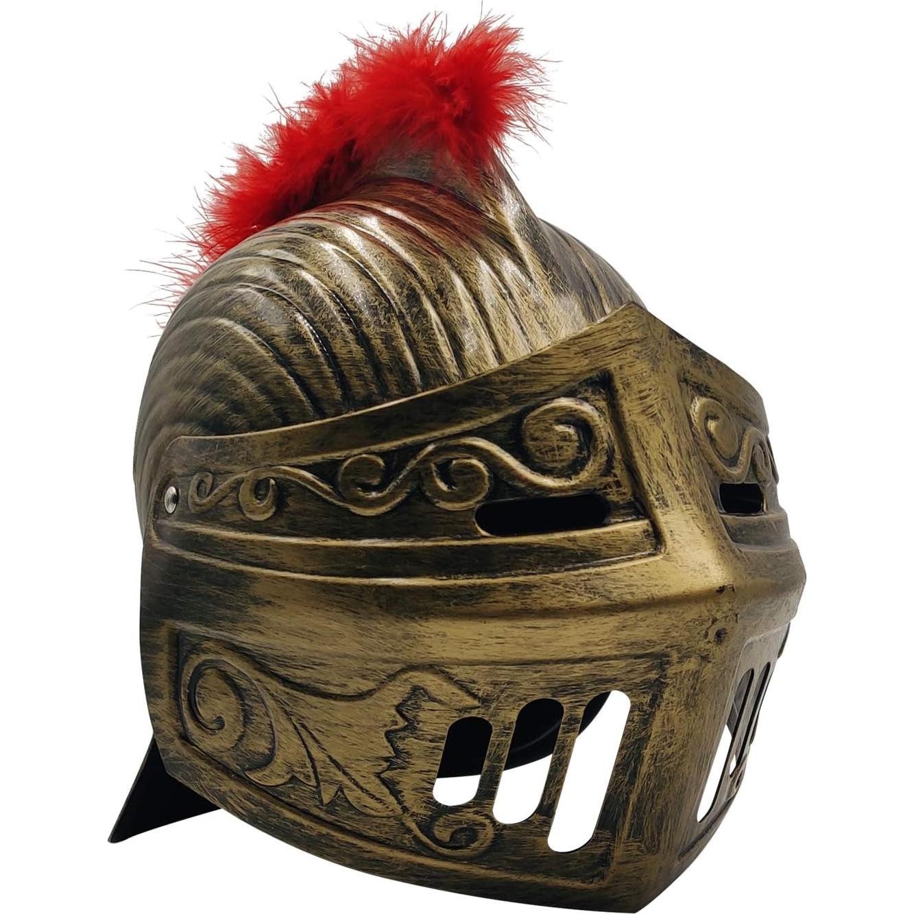 Casco Medieval Guerrero LOOYAR con Pluma Roja y Máscara Plegable