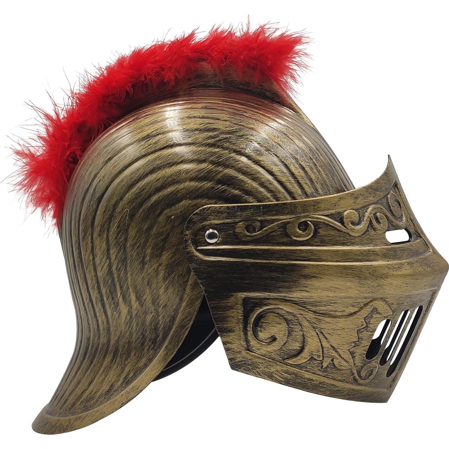 Casco Medieval Guerrero LOOYAR con Pluma Roja y Máscara Plegable