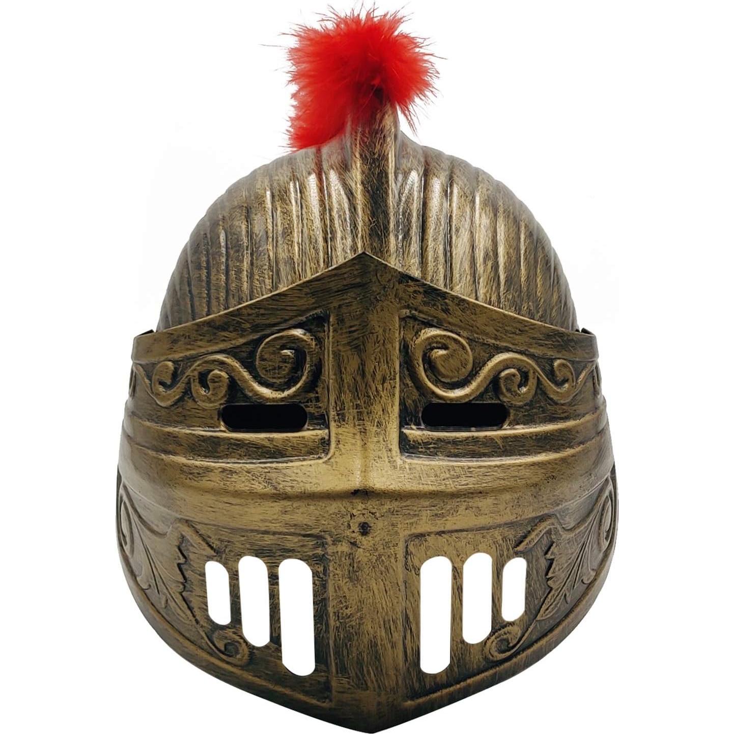 Casco Medieval Guerrero LOOYAR con Pluma Roja y Máscara Plegable