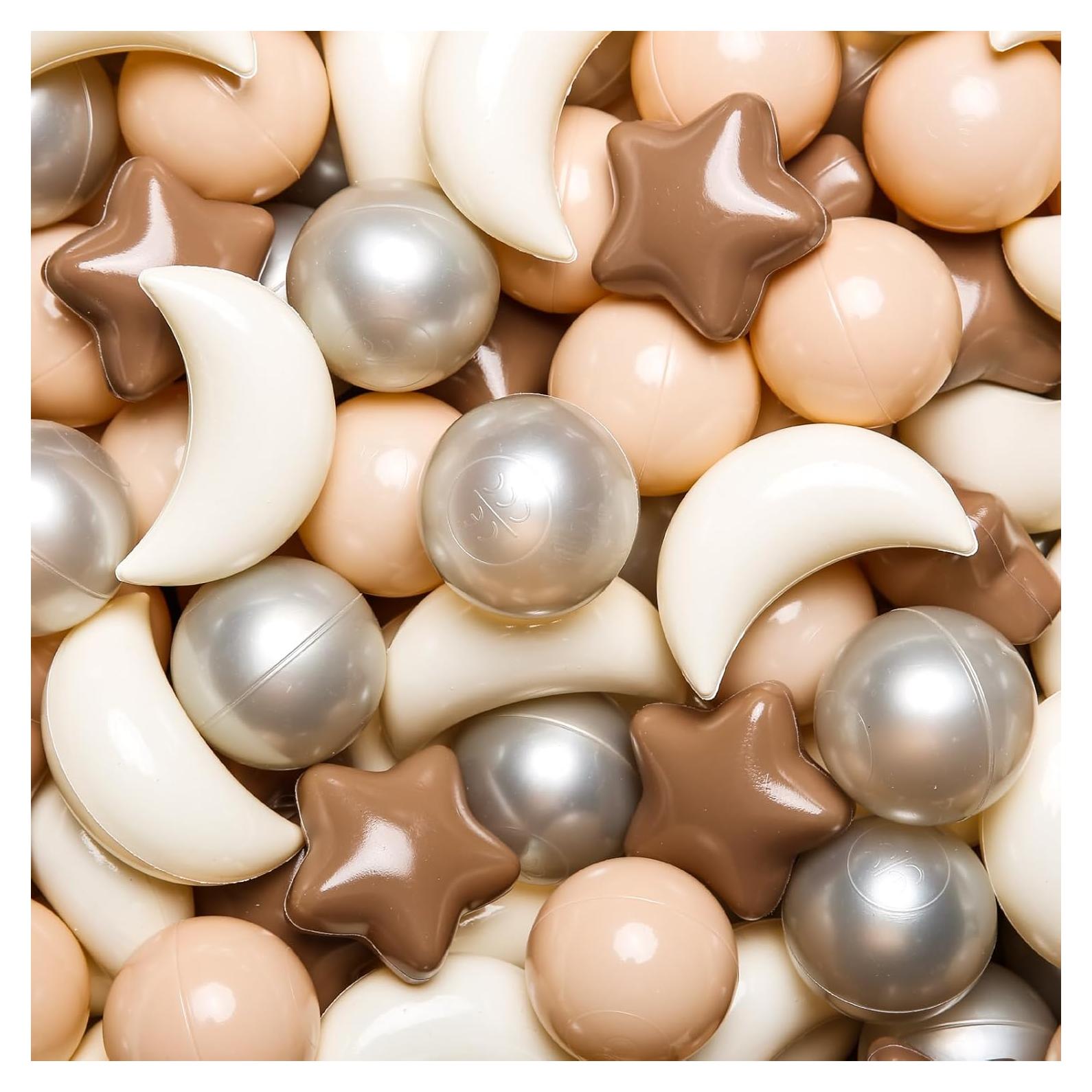 GOGOSO Ball Pit Balls Stars Moon Shapes Plastic Pitballs for Toddler Play Tent Baby Photo Props Kids Pool Water Toys Kiddie Pool Party Decor, Coffee+Beige Mix Cream Colors +Pearl Colors,50PCS