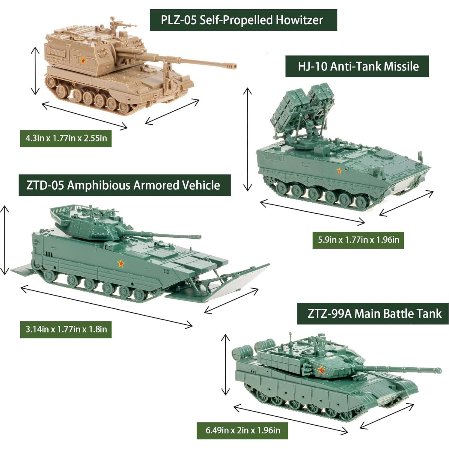 Juego de Modelos de Vehículos Militares 1:72 - 4D - ZTD-05, ZTZ-99A, HJ-10, PLZ-05