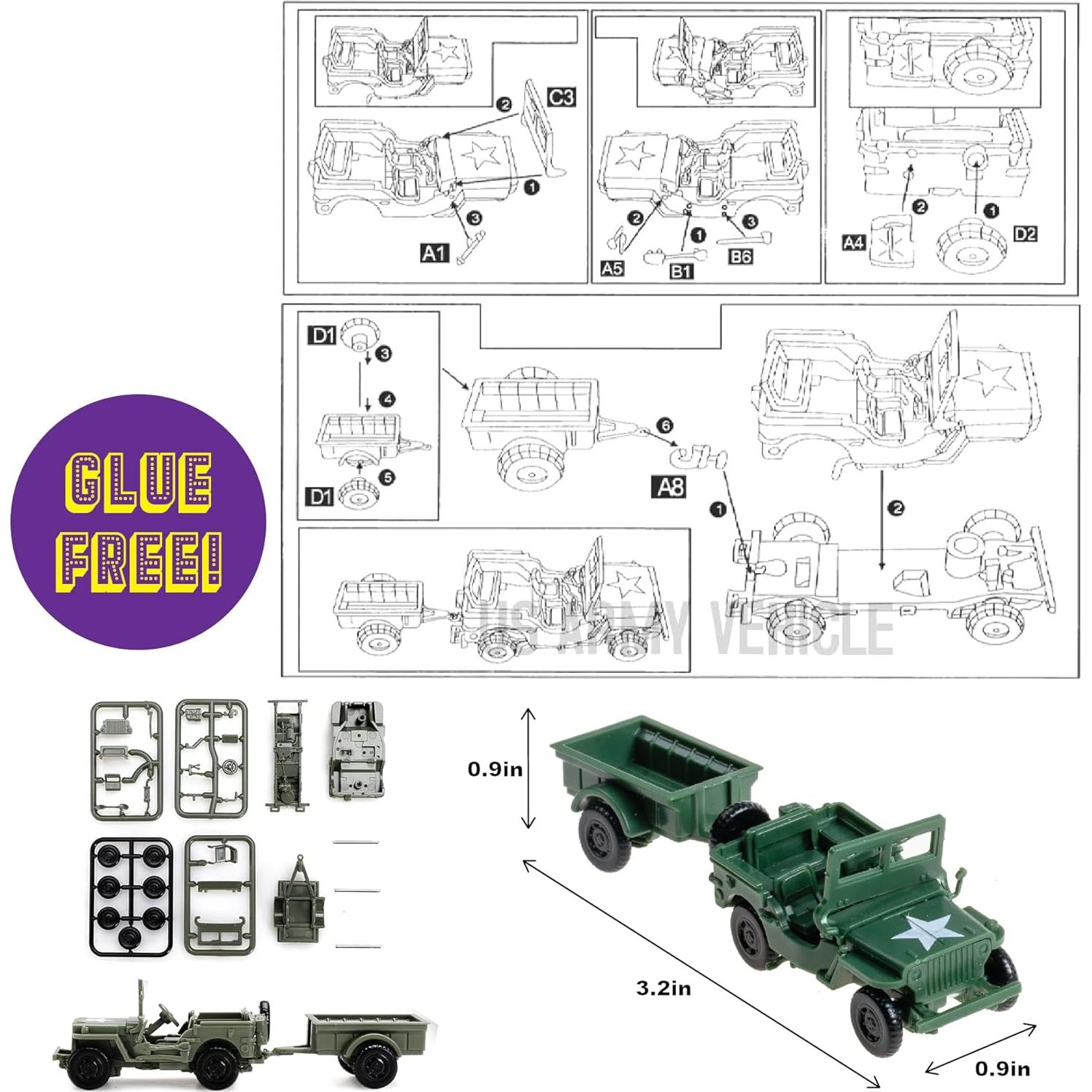 Kit de Modelo Willys Jeep 1:72 con Remolque y 20 Figuras