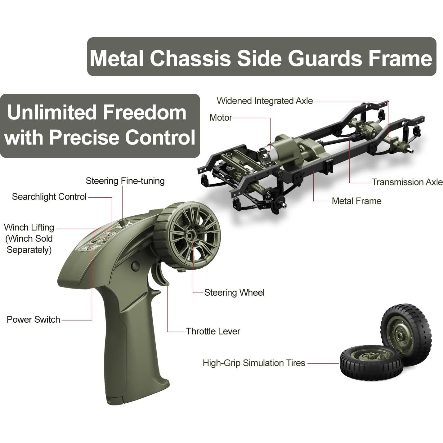 Camión Militar RC 1:10 4WD Jeep Willys con Winch y 2 Baterías