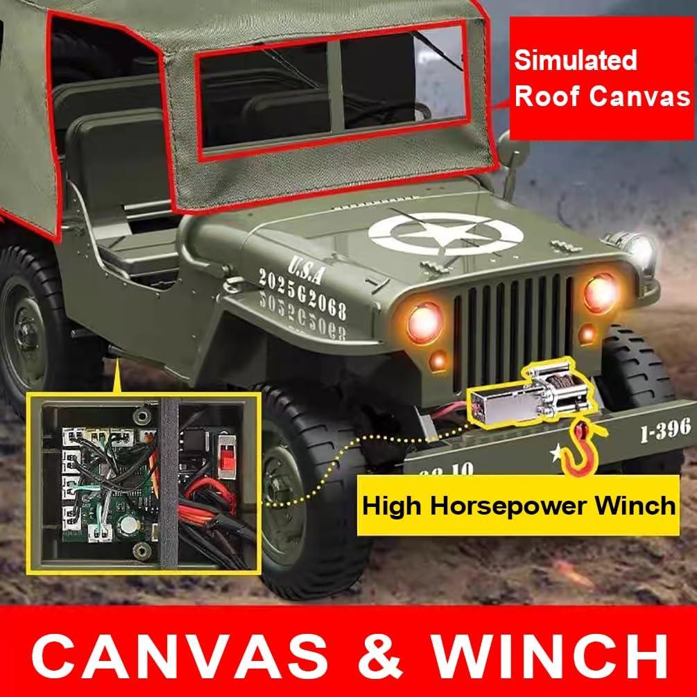 Camión Militar RC 1:10 4WD Jeep Willys con Winch y 2 Baterías