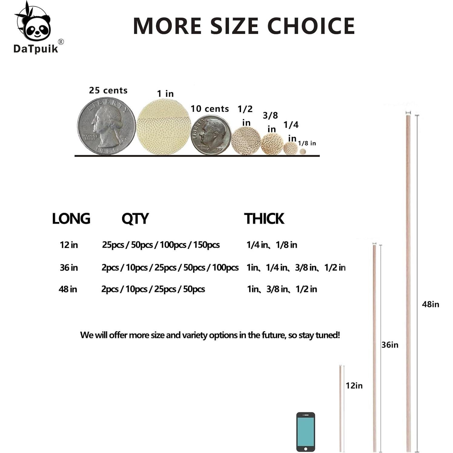 Varillas de Dowel de Bambú 25PCS 30.48cm 1/4" DaTpuik