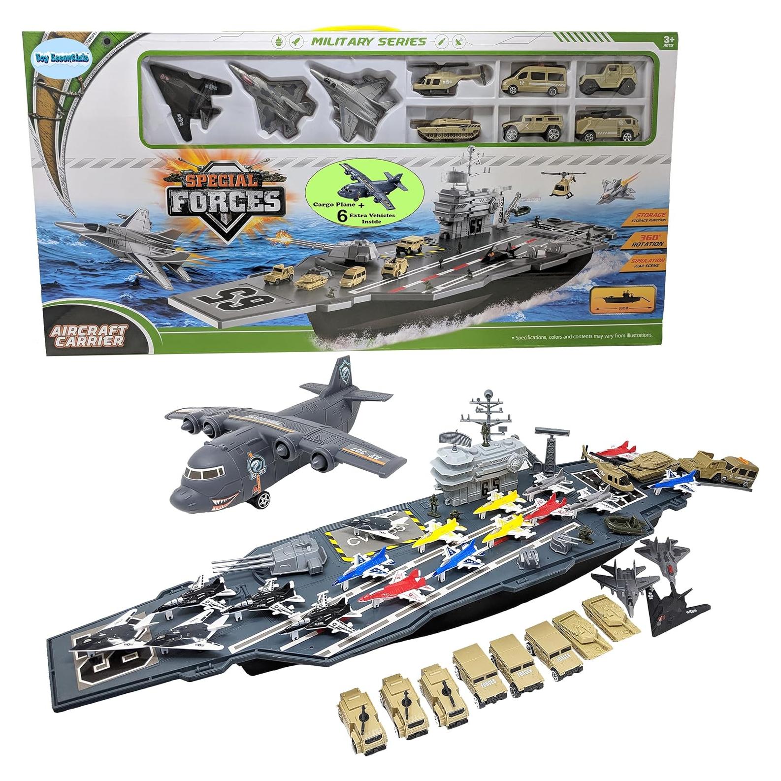 Portaaviones de Juguete Toy Essentials con 18 Aviones y 12 Vehículos