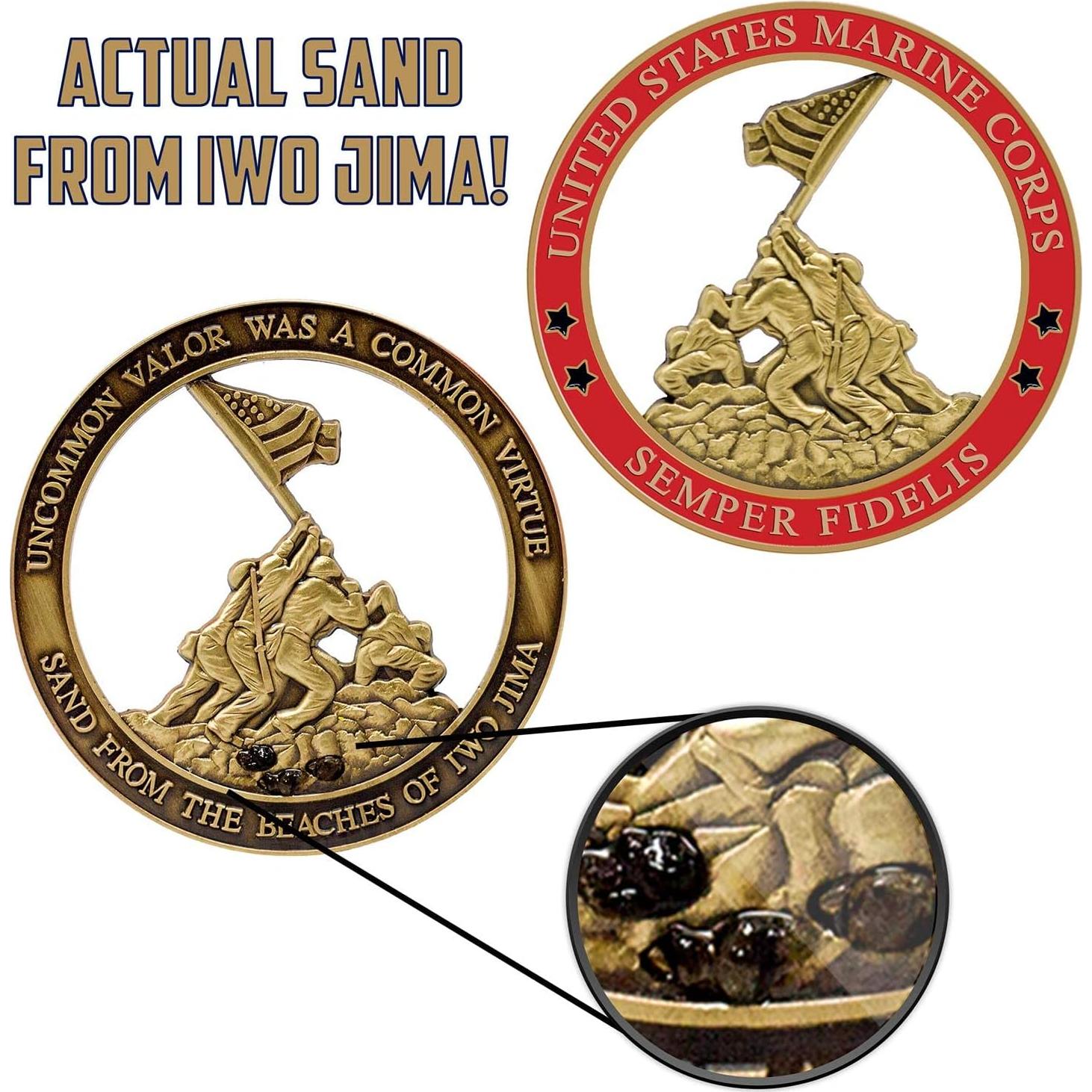 Marine Corps Iwo Jima USMC Challenge Coin with Actual Sands of Iwo Jima - Marine Corps Gifts Disabled Vet Owned Business - Iwo Jima Coin