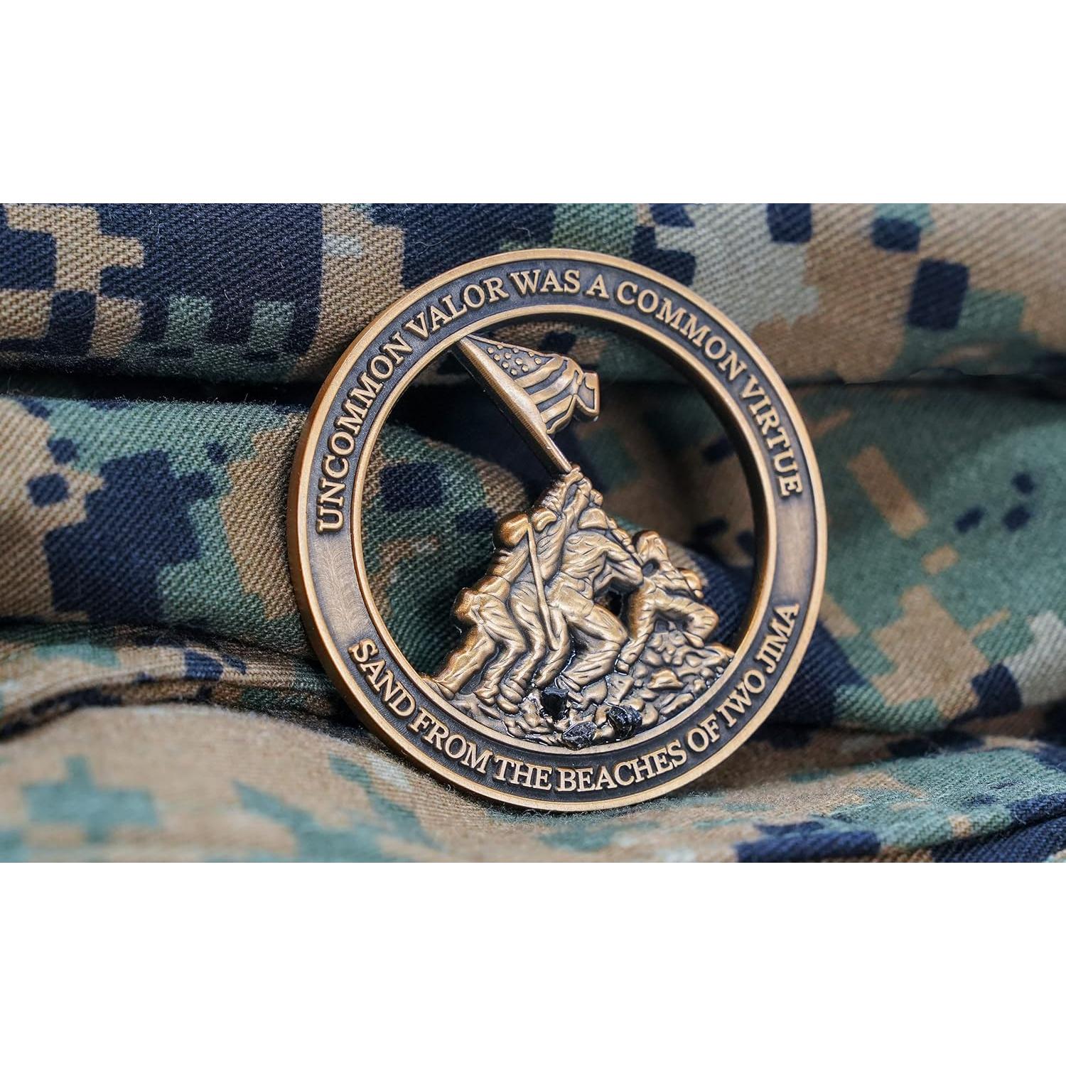 Marine Corps Iwo Jima USMC Challenge Coin with Actual Sands of Iwo Jima - Marine Corps Gifts Disabled Vet Owned Business - Iwo Jima Coin