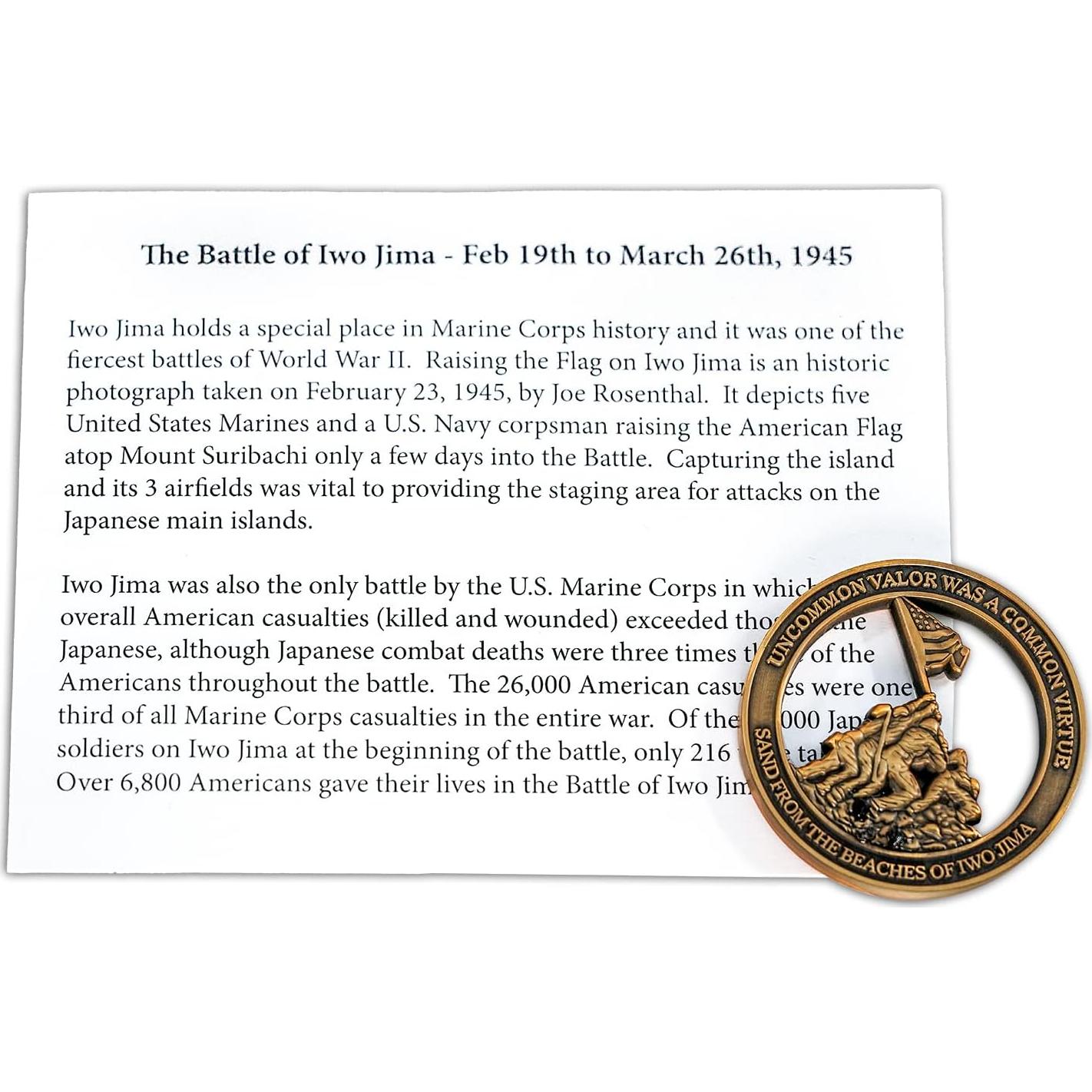 Marine Corps Iwo Jima USMC Challenge Coin with Actual Sands of Iwo Jima - Marine Corps Gifts Disabled Vet Owned Business - Iwo Jima Coin