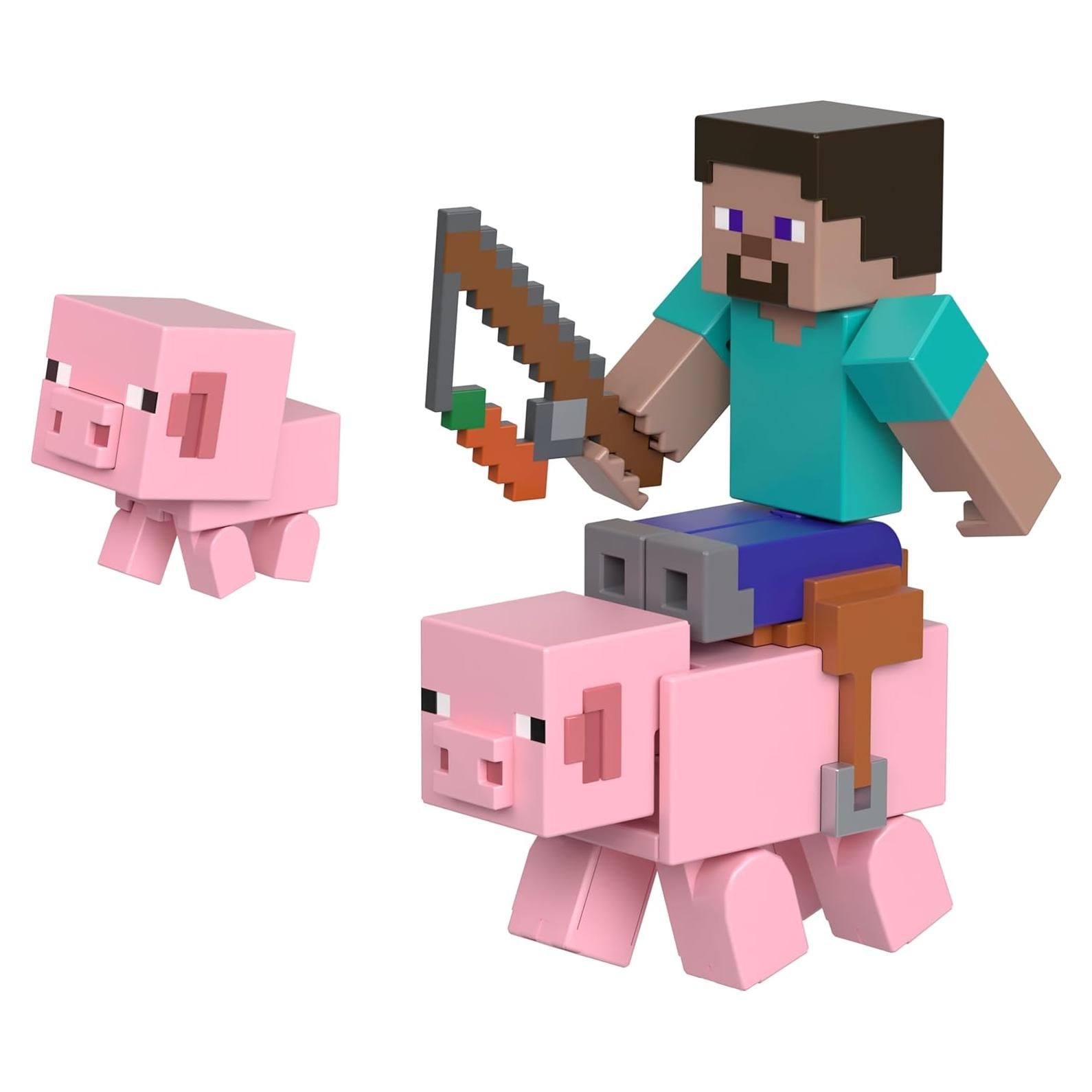 Figuras de Acción Minecraft Mattel - Steve y Cerdos, 8.26 cm