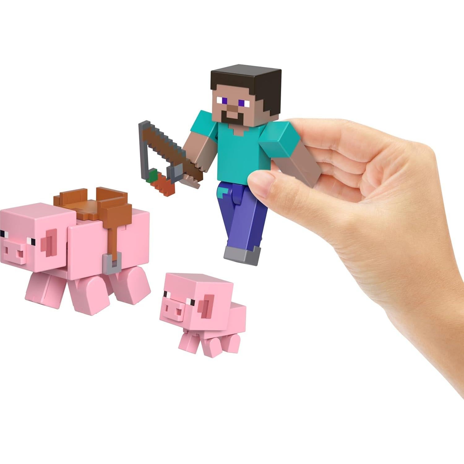 Figuras de Acción Minecraft Mattel - Steve y Cerdos, 8.26 cm