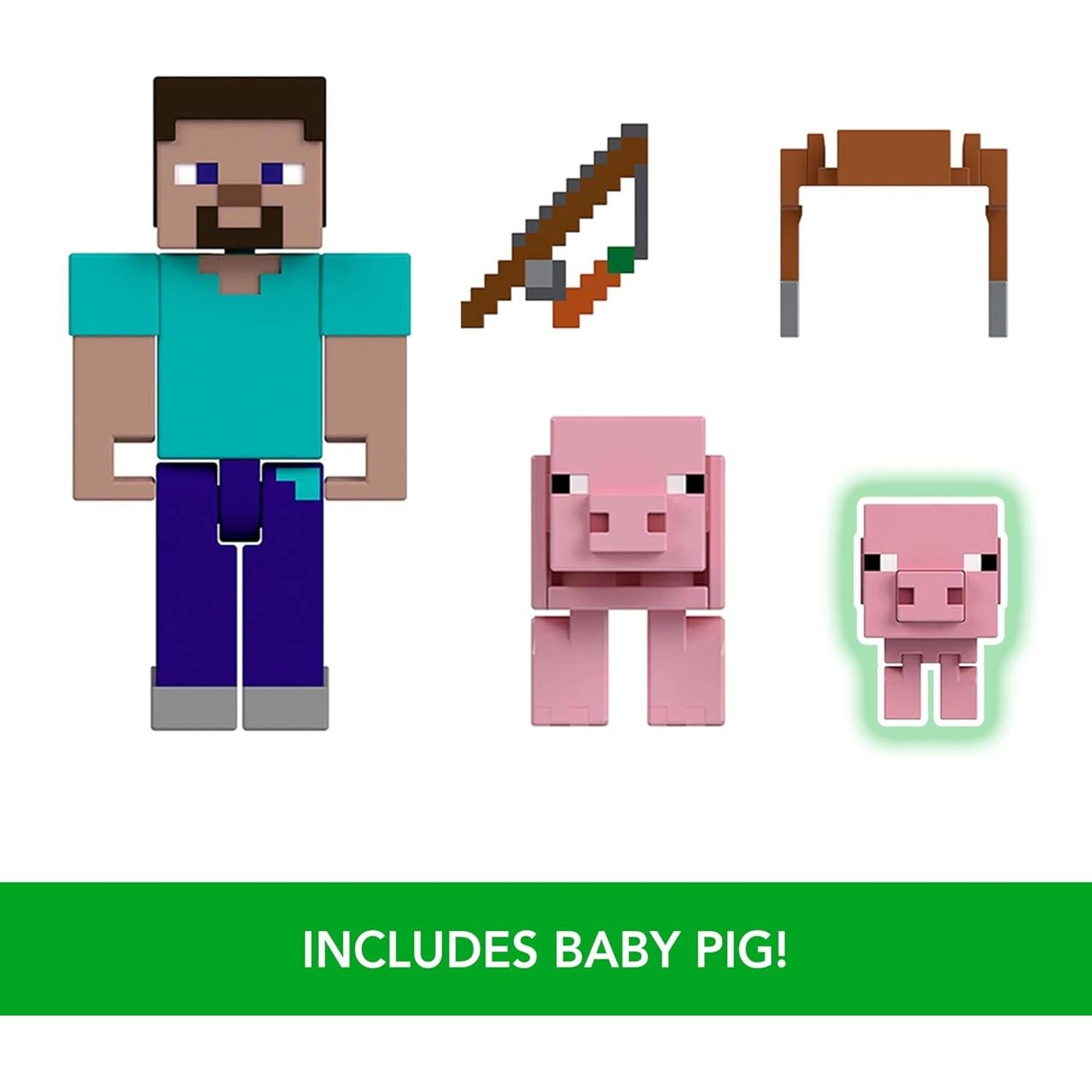 Figuras de Acción Minecraft Mattel - Steve y Cerdos, 8.26 cm