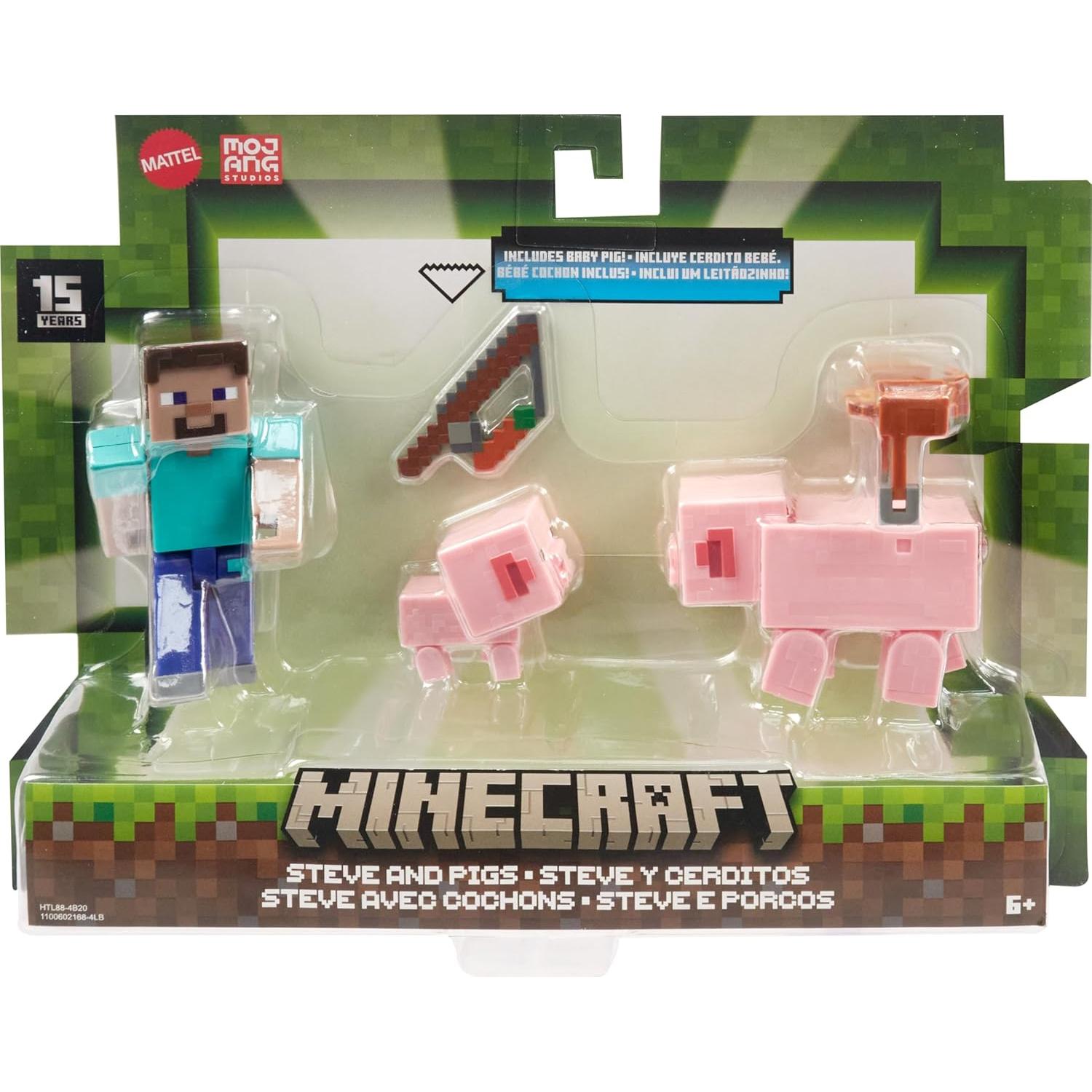 Figuras de Acción Minecraft Mattel - Steve y Cerdos, 8.26 cm