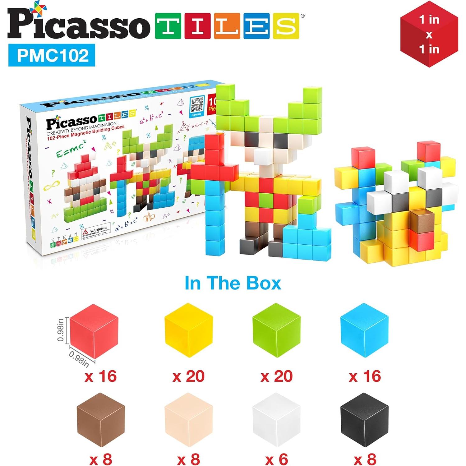 PicassoTiles Cubo Magnético 102 Piezas 1" Juguete Educativo