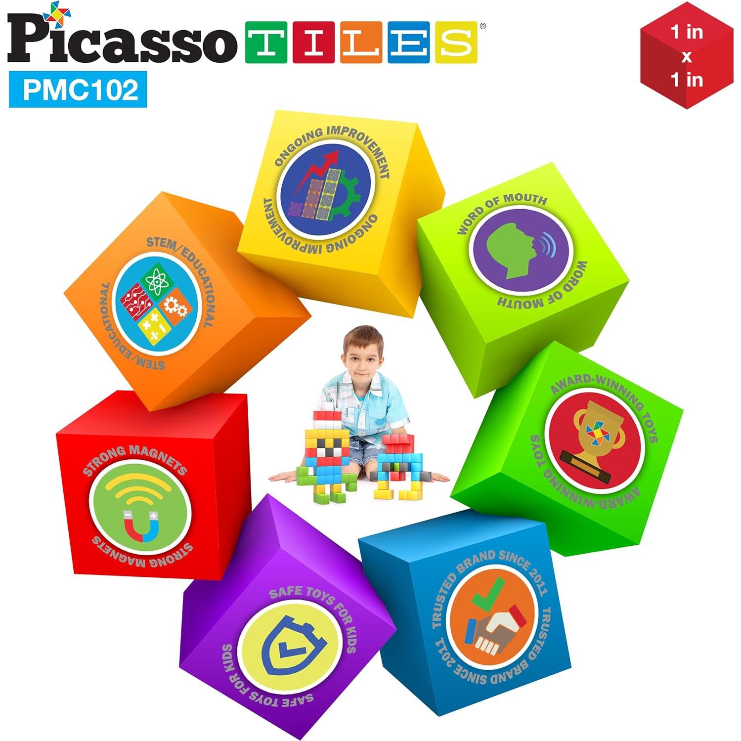 PicassoTiles Cubo Magnético 102 Piezas 1" Juguete Educativo