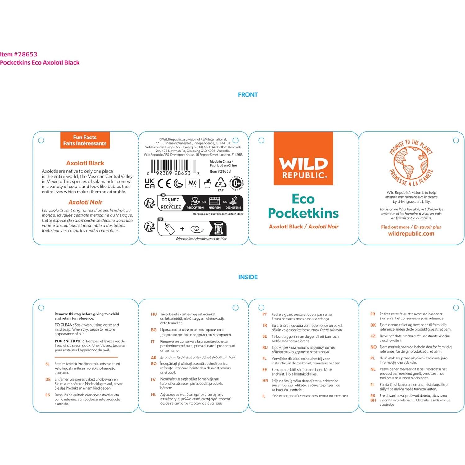 Peluche Axolotl Negro Wild Republic 12.7 cm Ecológico