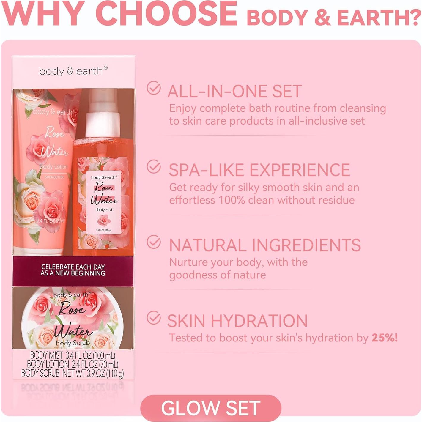 Set de Spa Body & Earth 3 Piezas Rosa - Perfume, Loción y Exfoliante