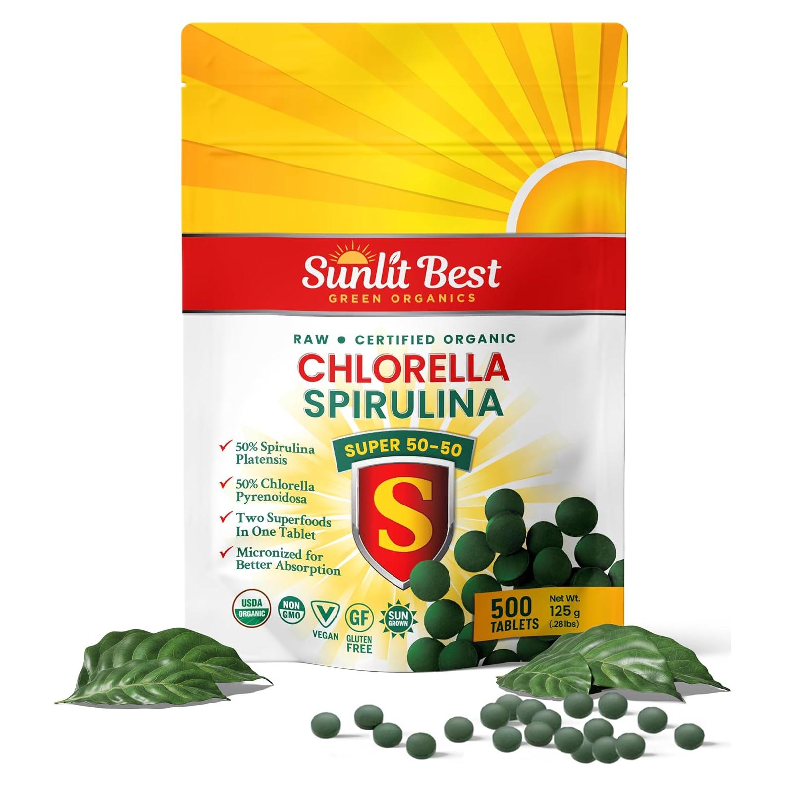 Sunlit Super 50/50 Organic Chlorella Spirulina Tablets - Super Supplement for Immune Support, Gut Health, Mood & Energy - Rich in Chlorophyll, Amino Acids & Vegan Protein, 500 Superfood Tabs