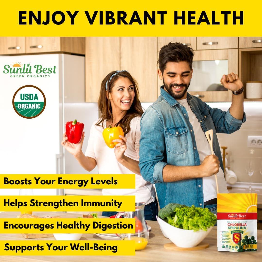 Sunlit Super 50/50 Organic Chlorella Spirulina Tablets - Super Supplement for Immune Support, Gut Health, Mood & Energy - Rich in Chlorophyll, Amino Acids & Vegan Protein, 500 Superfood Tabs