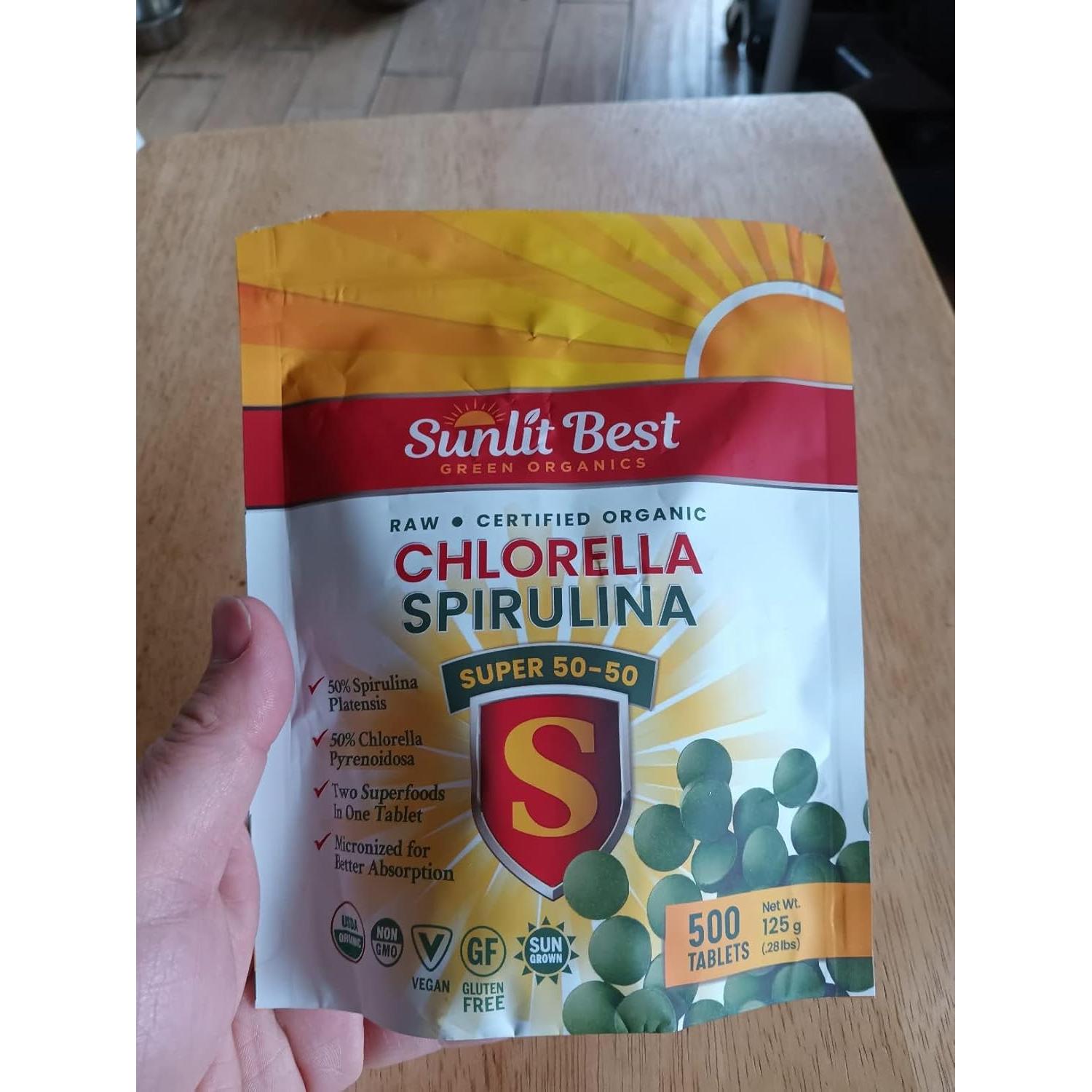 Sunlit Super 50/50 Organic Chlorella Spirulina Tablets - Super Supplement for Immune Support, Gut Health, Mood & Energy - Rich in Chlorophyll, Amino Acids & Vegan Protein, 500 Superfood Tabs