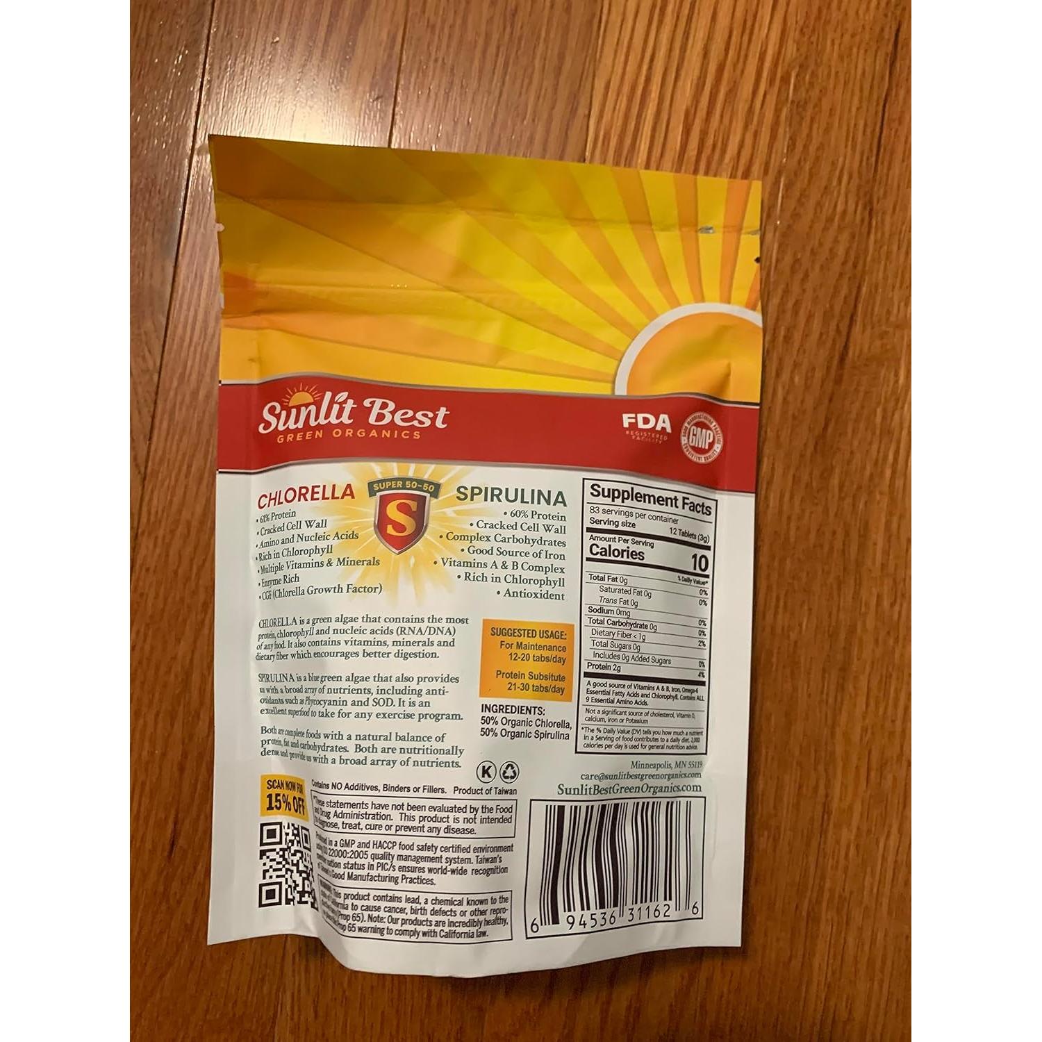 Sunlit Super 50/50 Organic Chlorella Spirulina Tablets - Super Supplement for Immune Support, Gut Health, Mood & Energy - Rich in Chlorophyll, Amino Acids & Vegan Protein, 500 Superfood Tabs