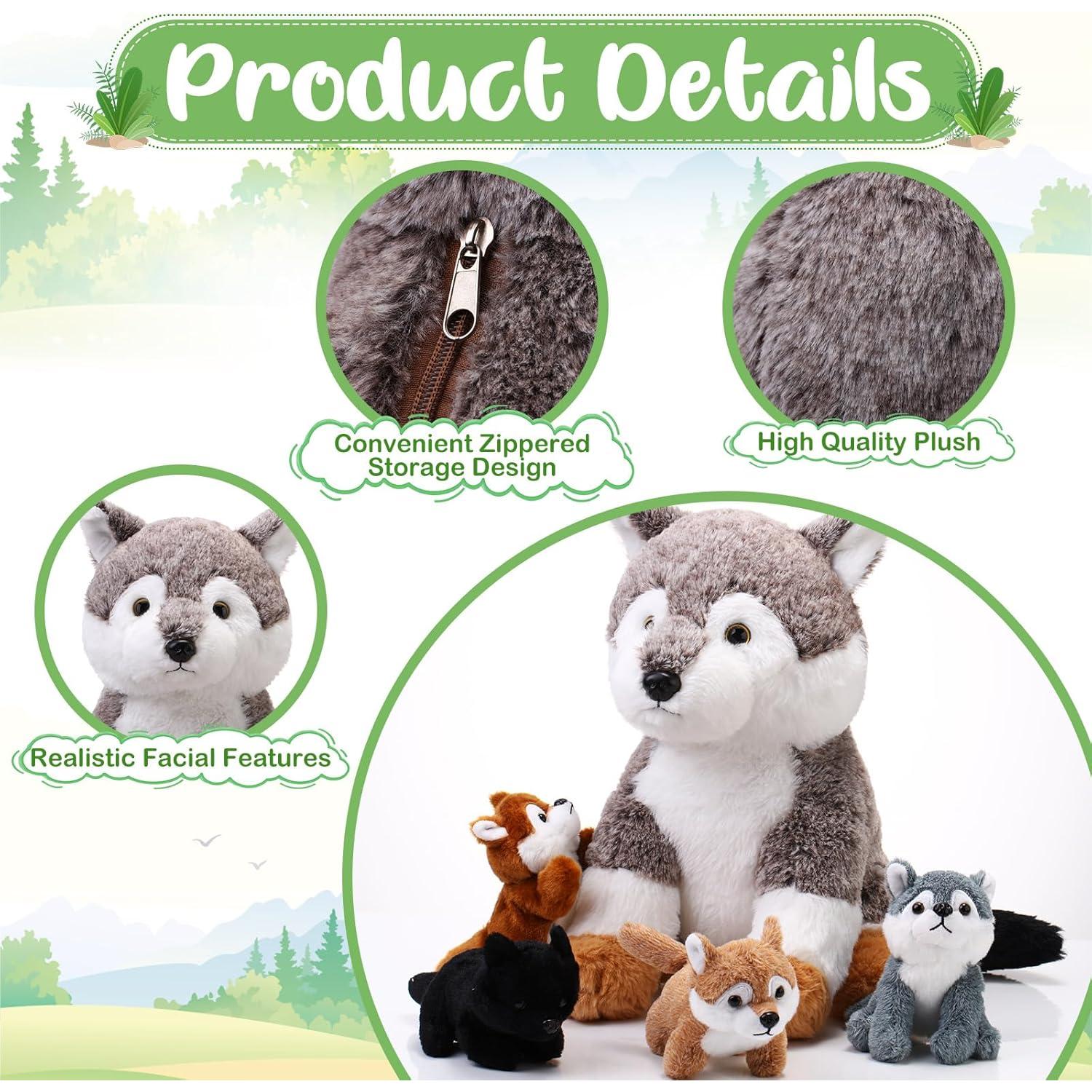 Peluches Lobo Lenwen 5 Piezas - 1 Grande 4 Pequeños