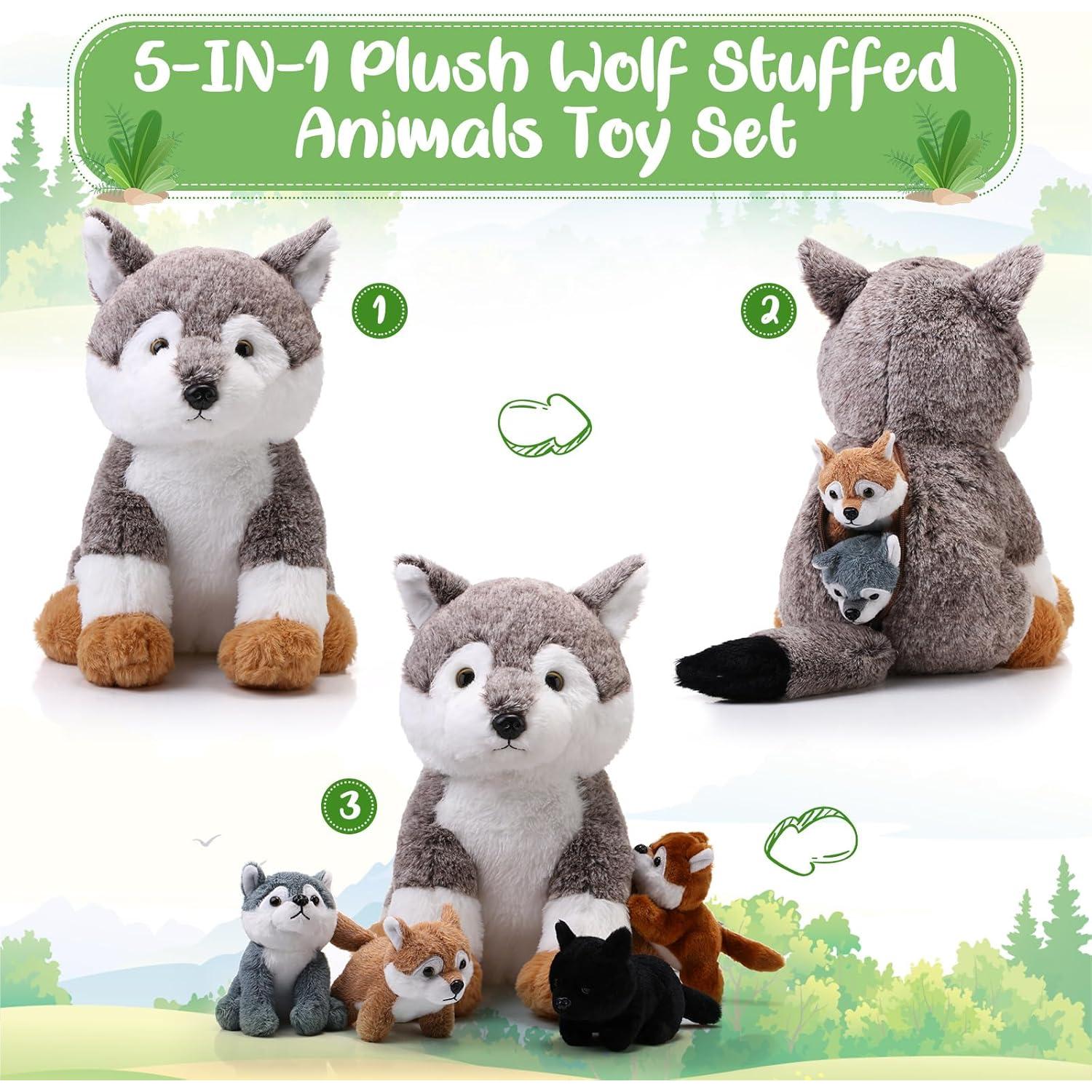 Peluches Lobo Lenwen 5 Piezas - 1 Grande 4 Pequeños