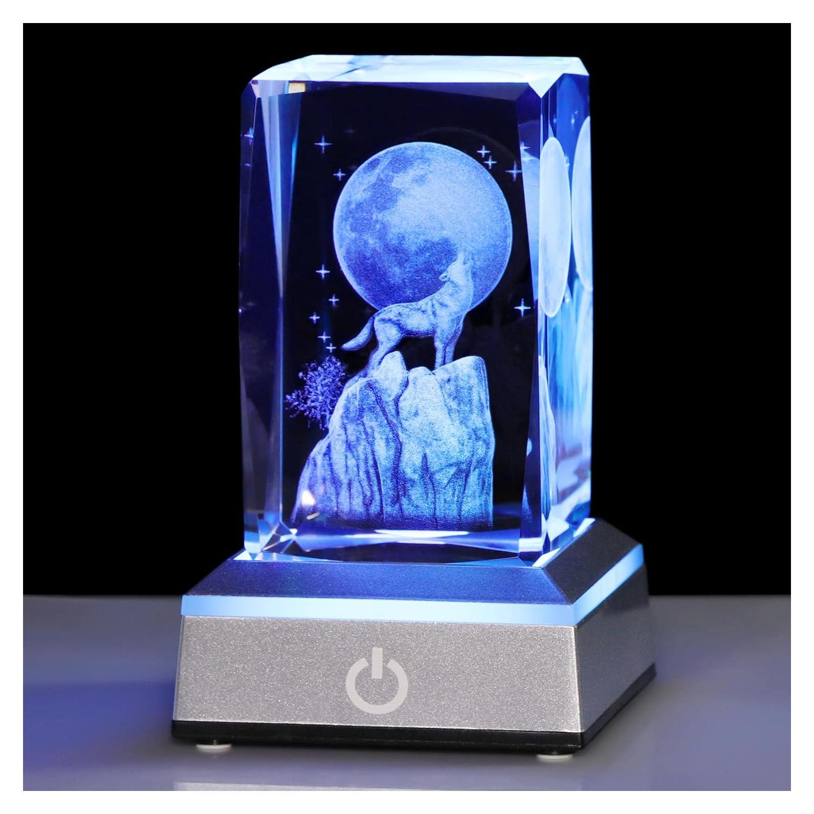Figura de Cristal 3D Lobo YWHL con Base LED Colorida