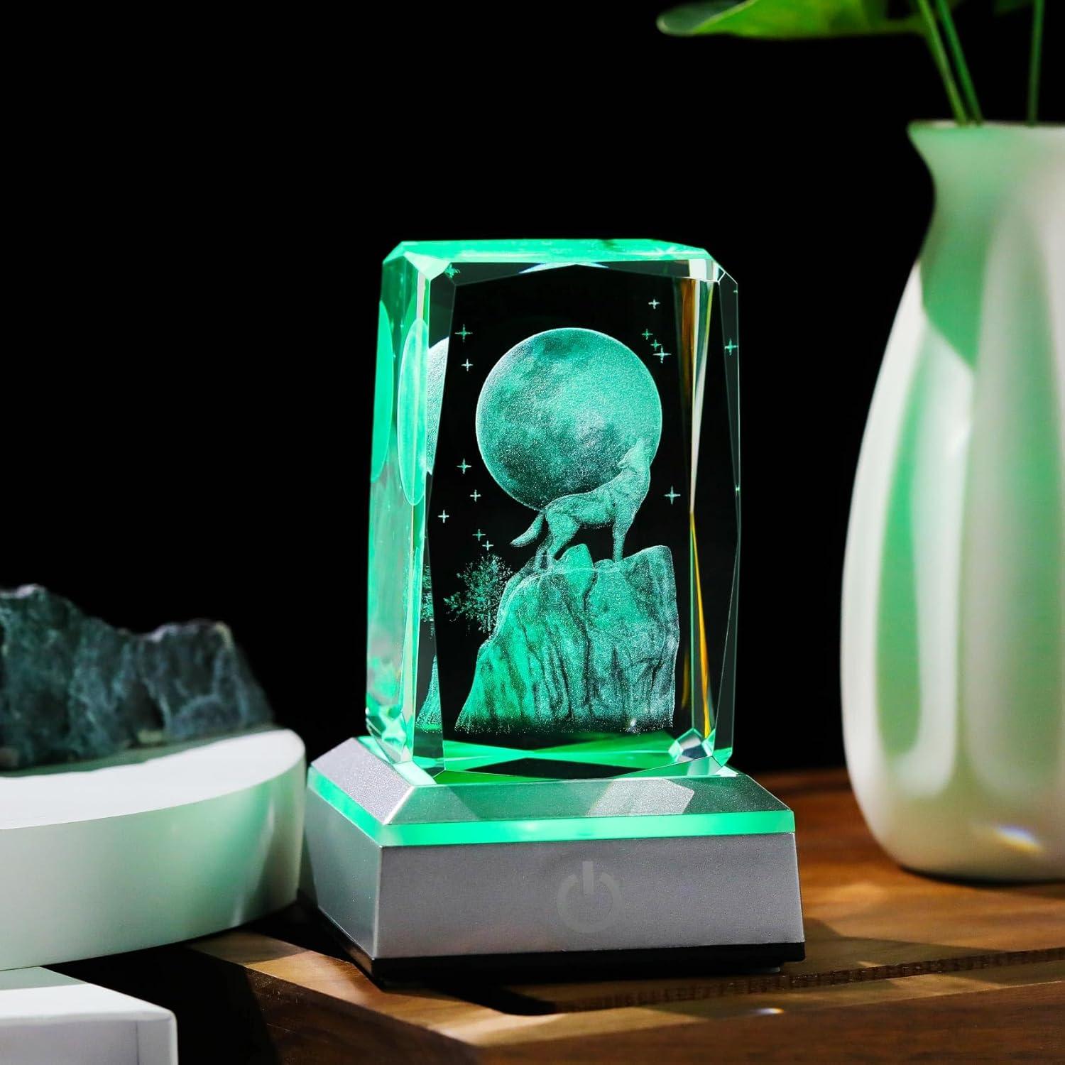 Figura de Cristal 3D Lobo YWHL con Base LED Colorida