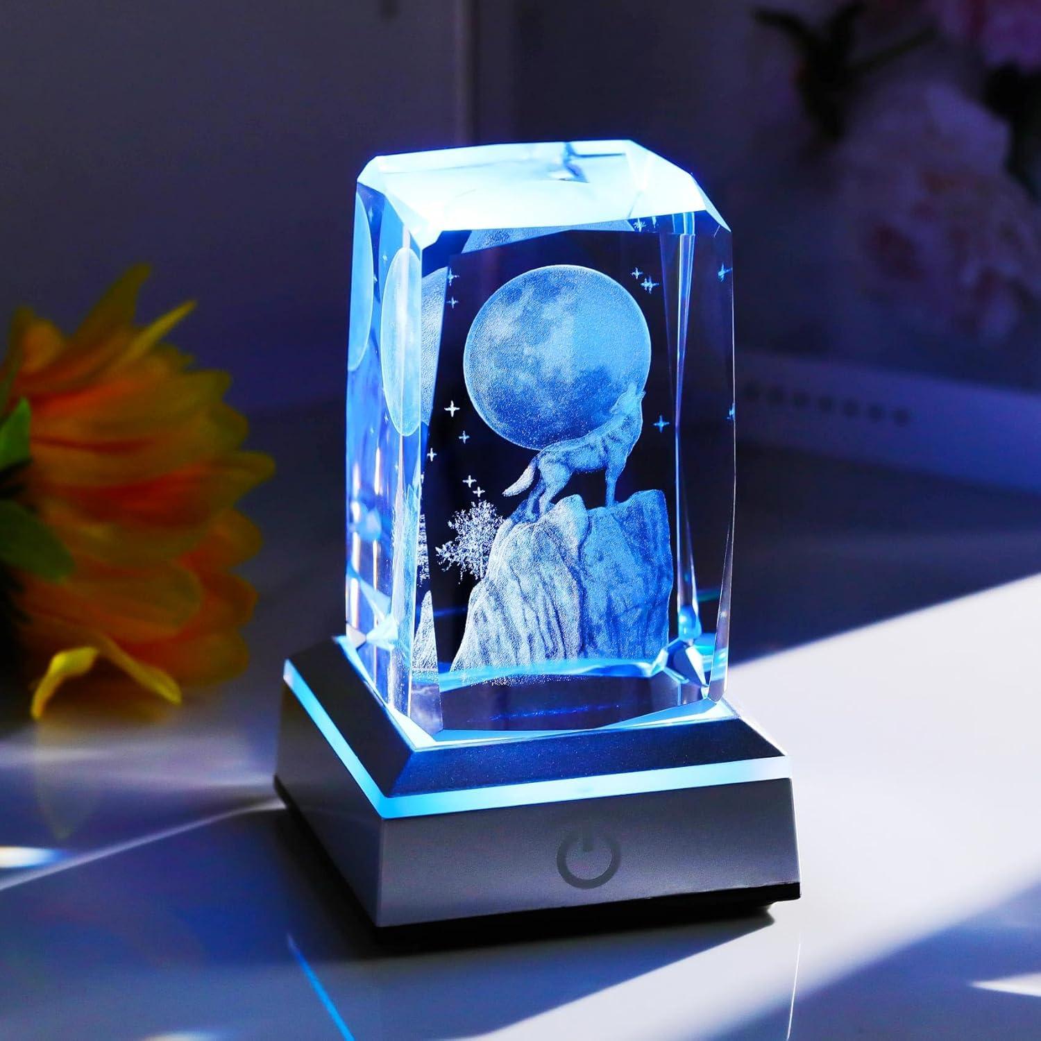Figura de Cristal 3D Lobo YWHL con Base LED Colorida