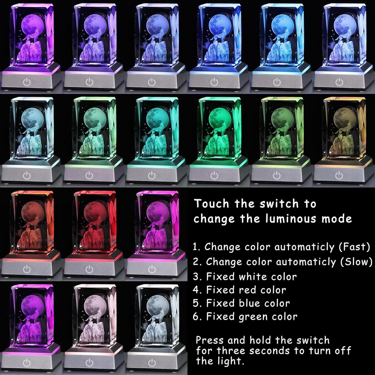 Figura de Cristal 3D Lobo YWHL con Base LED Colorida