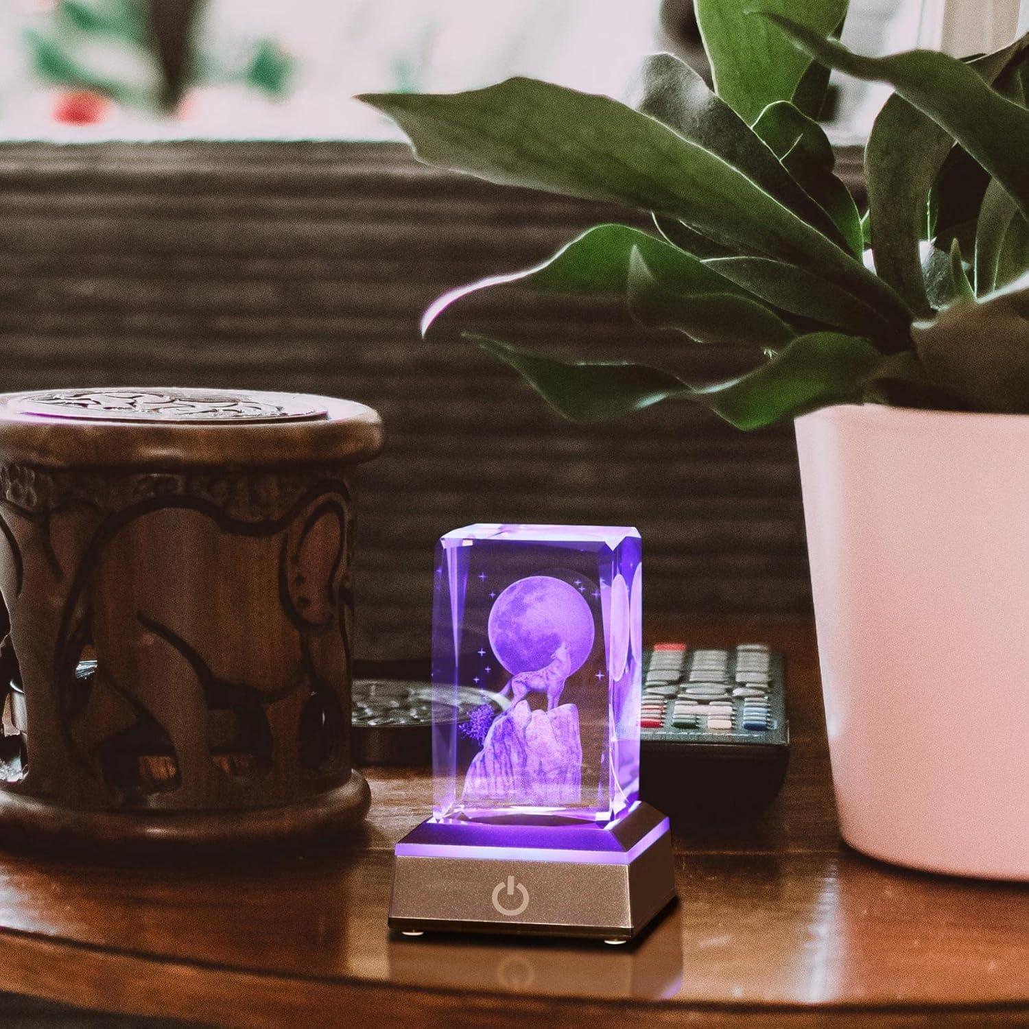 Figura de Cristal 3D Lobo YWHL con Base LED Colorida