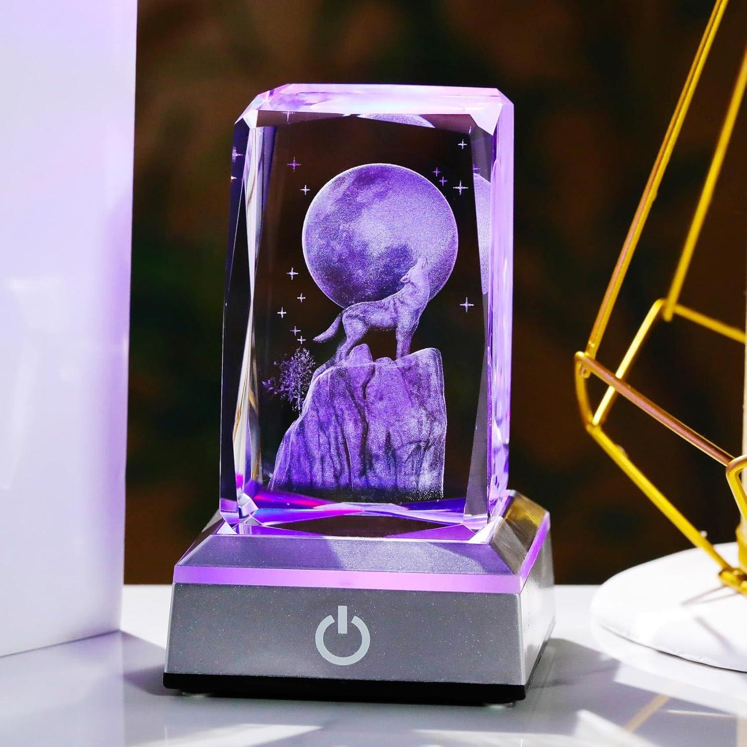 Figura de Cristal 3D Lobo YWHL con Base LED Colorida